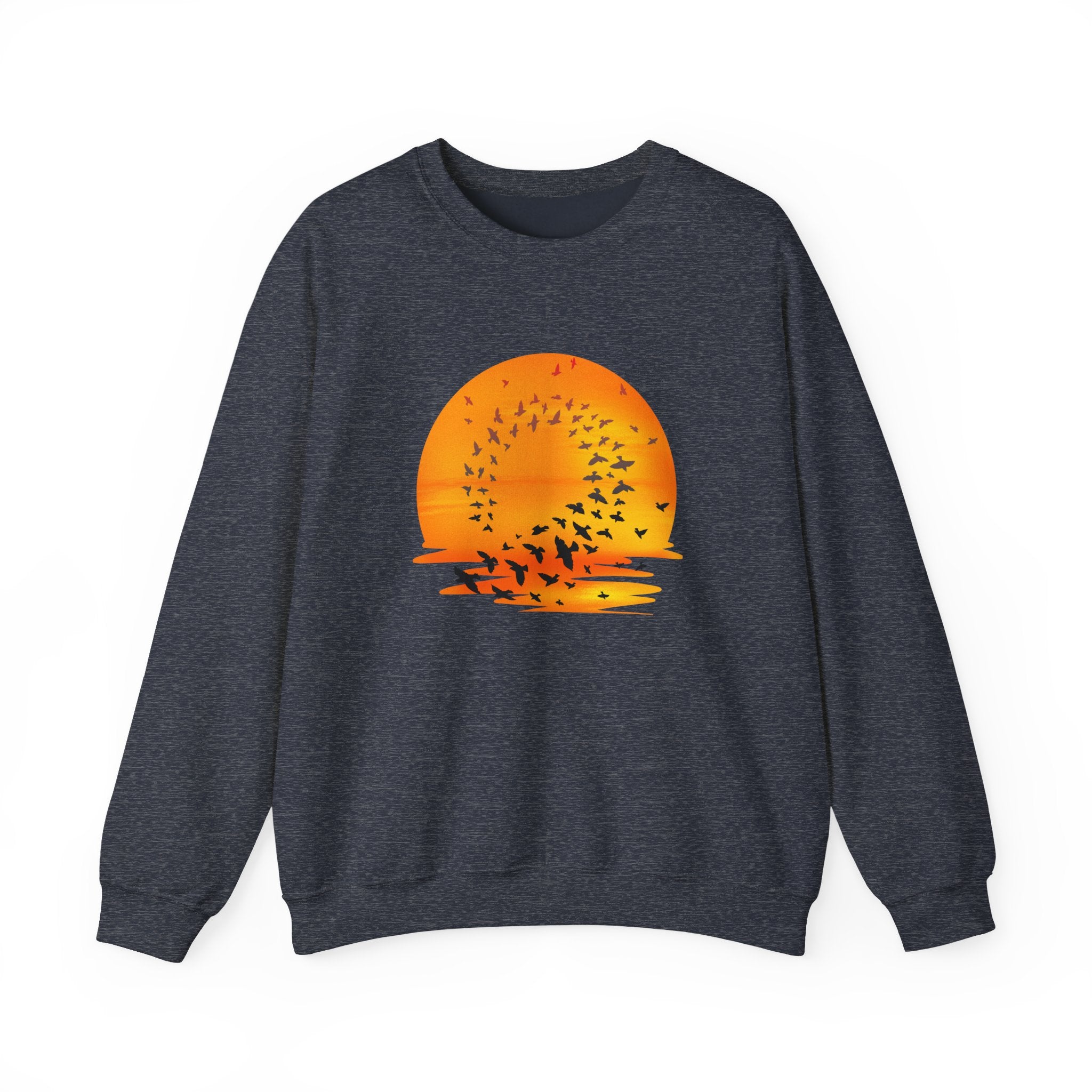 Dark navy sweatshirt with a sunset and bird design on a white background