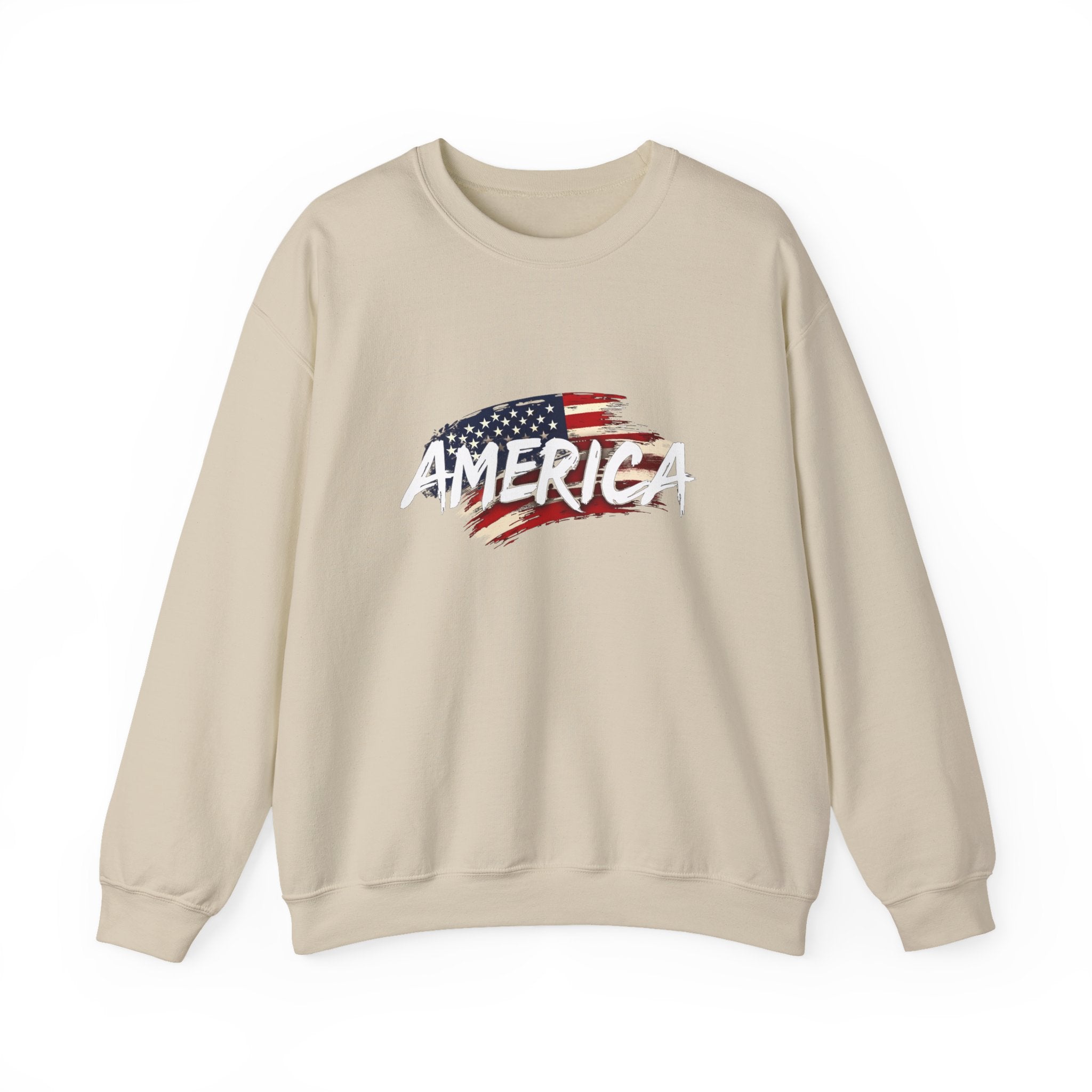 Beige sweatshirt with American flag design and 'AMERICA' text on a white background