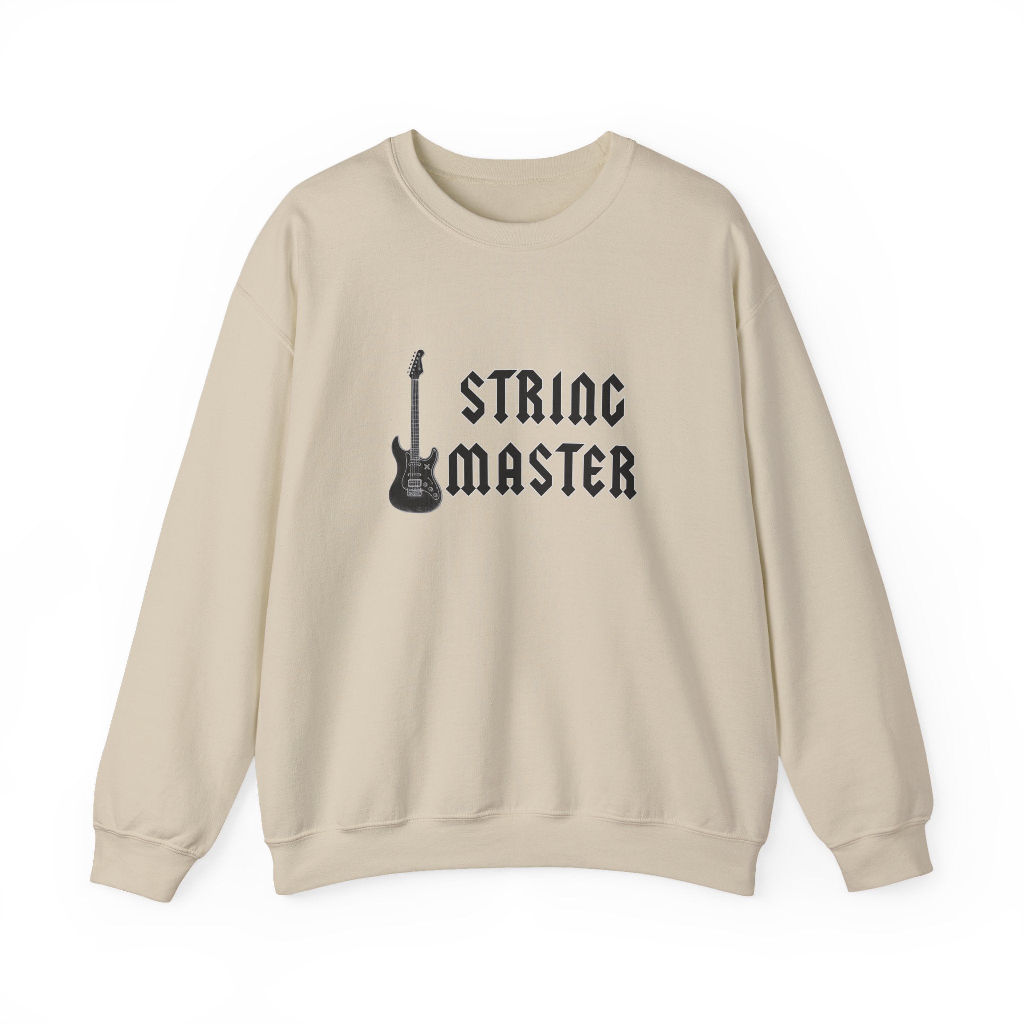 Beige sweatshirt with 'String Master' graphic and guitar on a white background