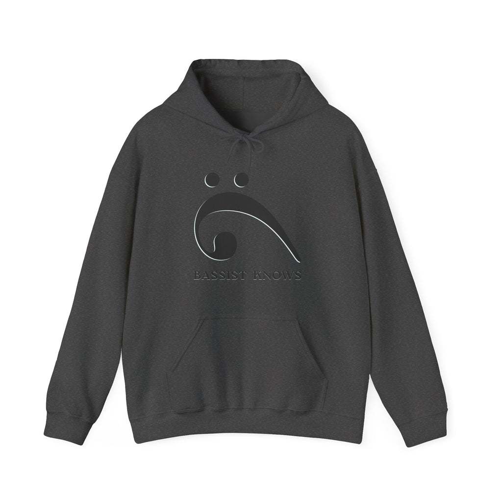 Dark gray hoodie with a black bass clef graphic and "Bassist Knows" text on a white background