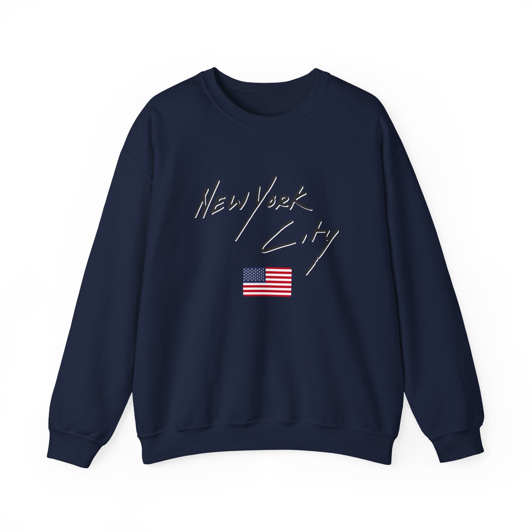 Navy blue sweatshirt with 'New York City' text and American flag on a white background