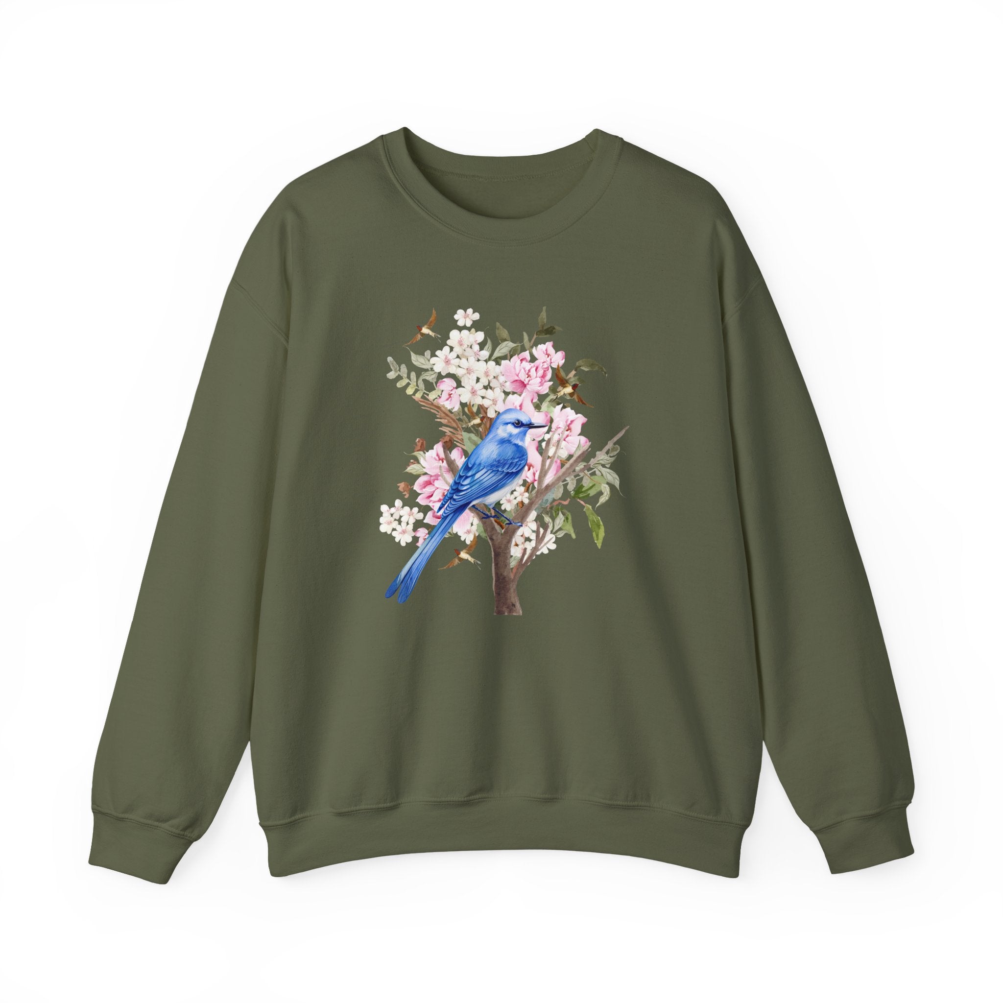 Green sweatshirt with a blue bird and floral design on a white background