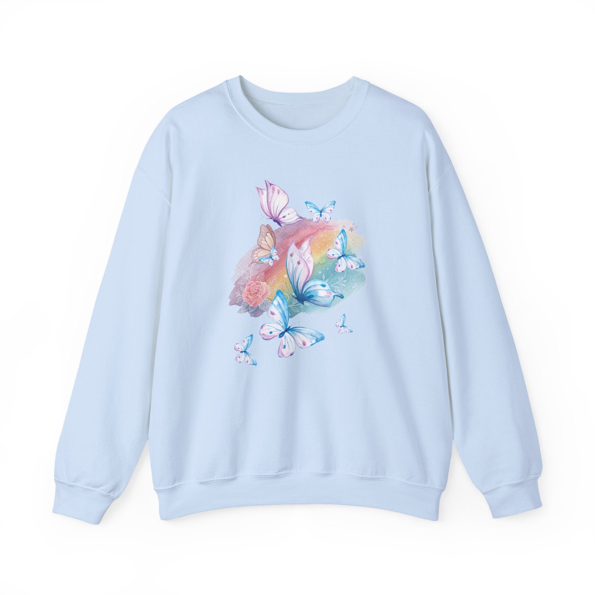 Light blue sweatshirt with colorful butterfly design on a white background