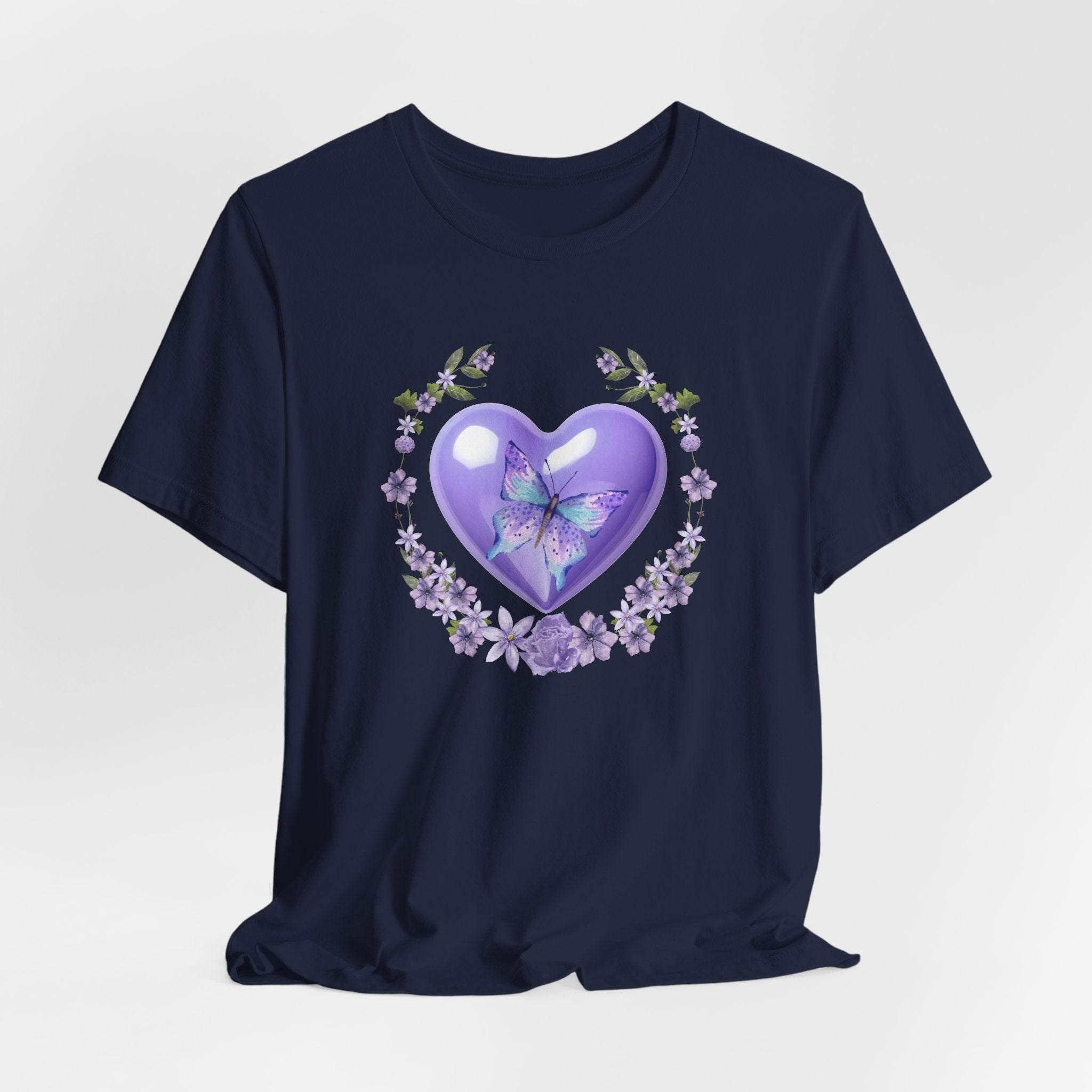 Navy blue t-shirt with a purple heart and butterfly design on a light gray background