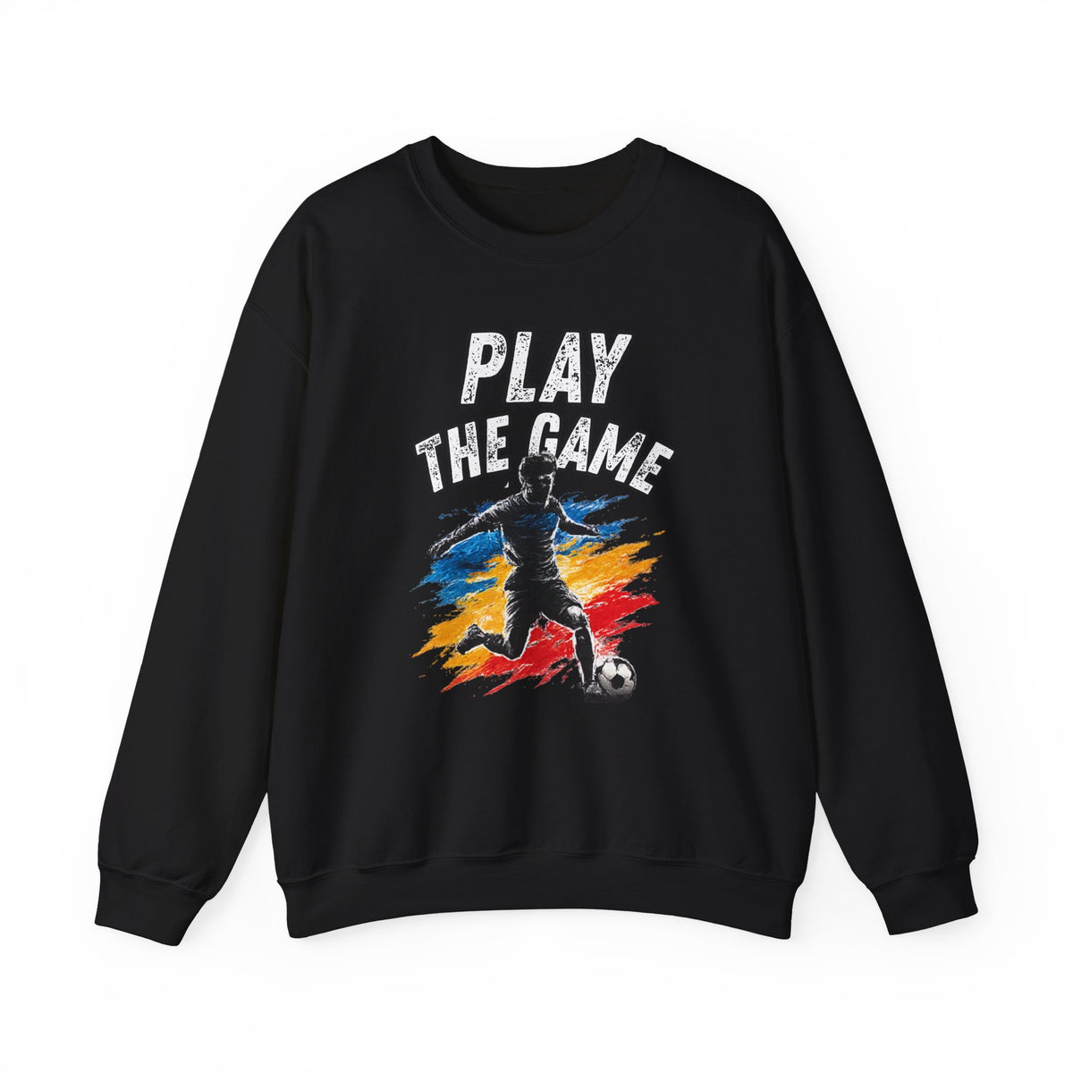 A black crewneck sweatshirt featuring a graphic print of a soccer player kicking a ball with the text 'PLAY THE GAME' in white, set against a plain white background.