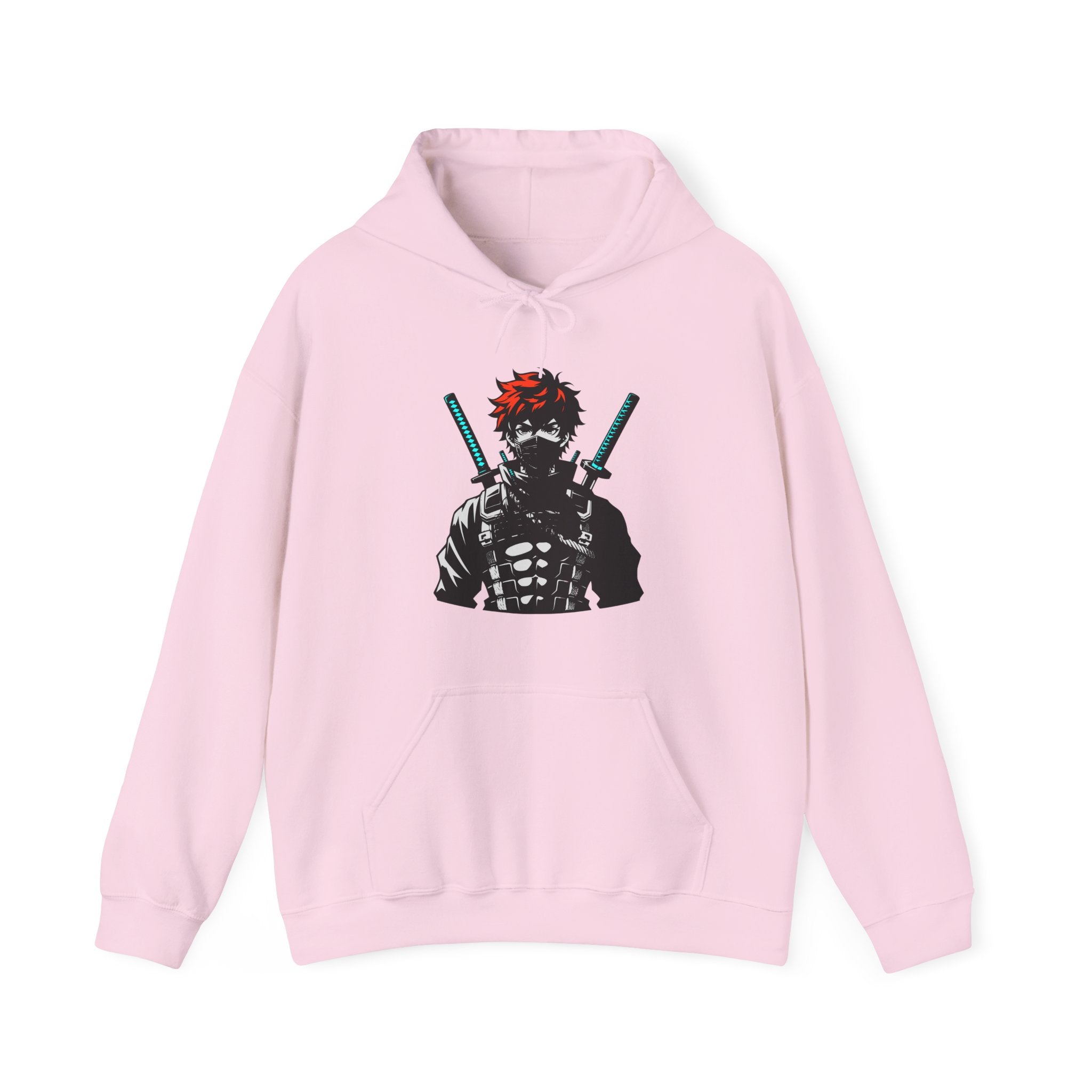 Pink hoodie with an anime character design on a white background