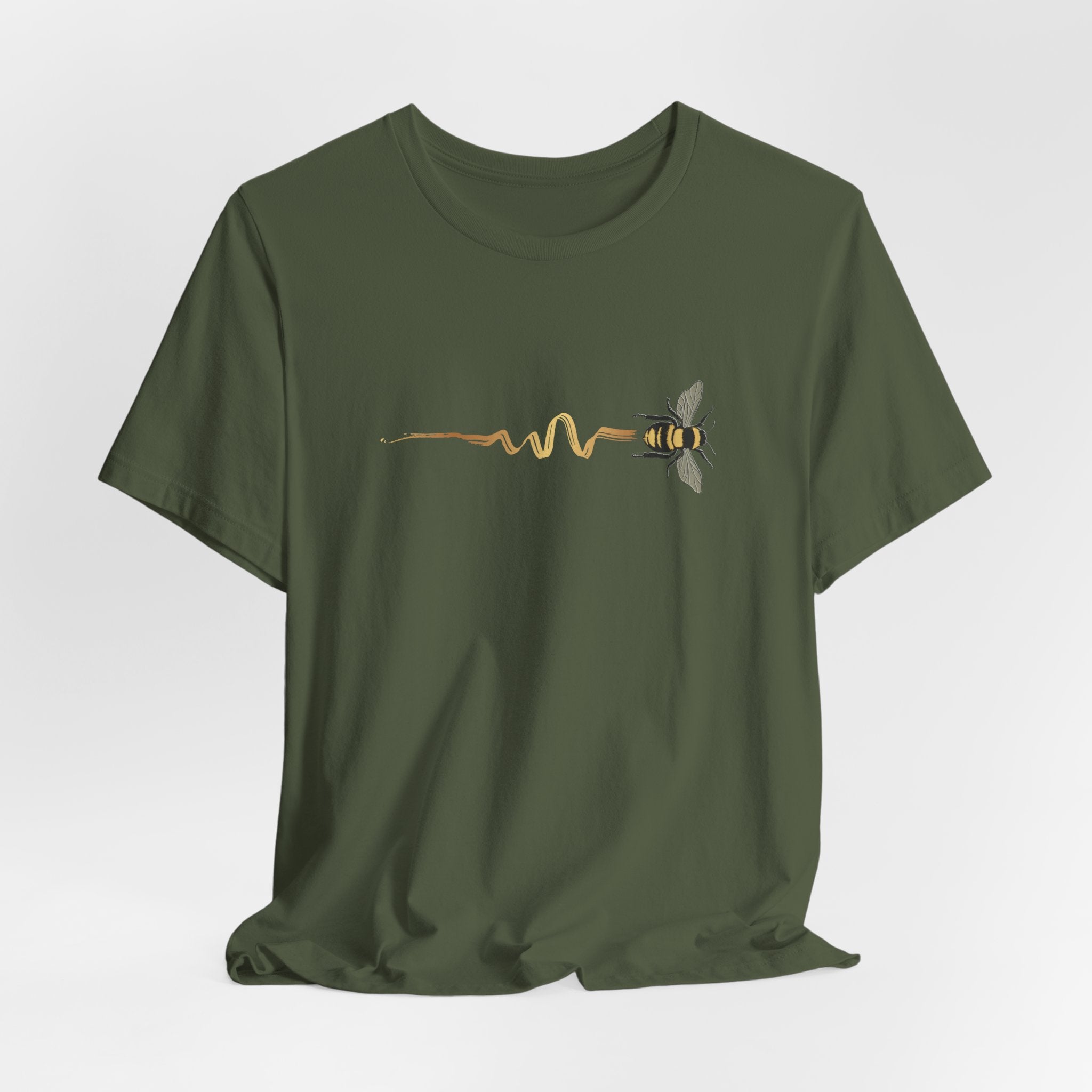 Green t-shirt with a bee design on a white background