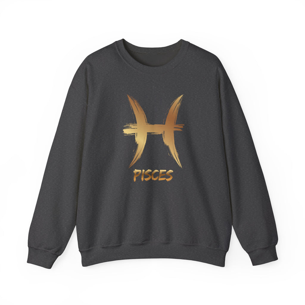 Dark gray sweatshirt with gold Pisces symbol and text on a white background