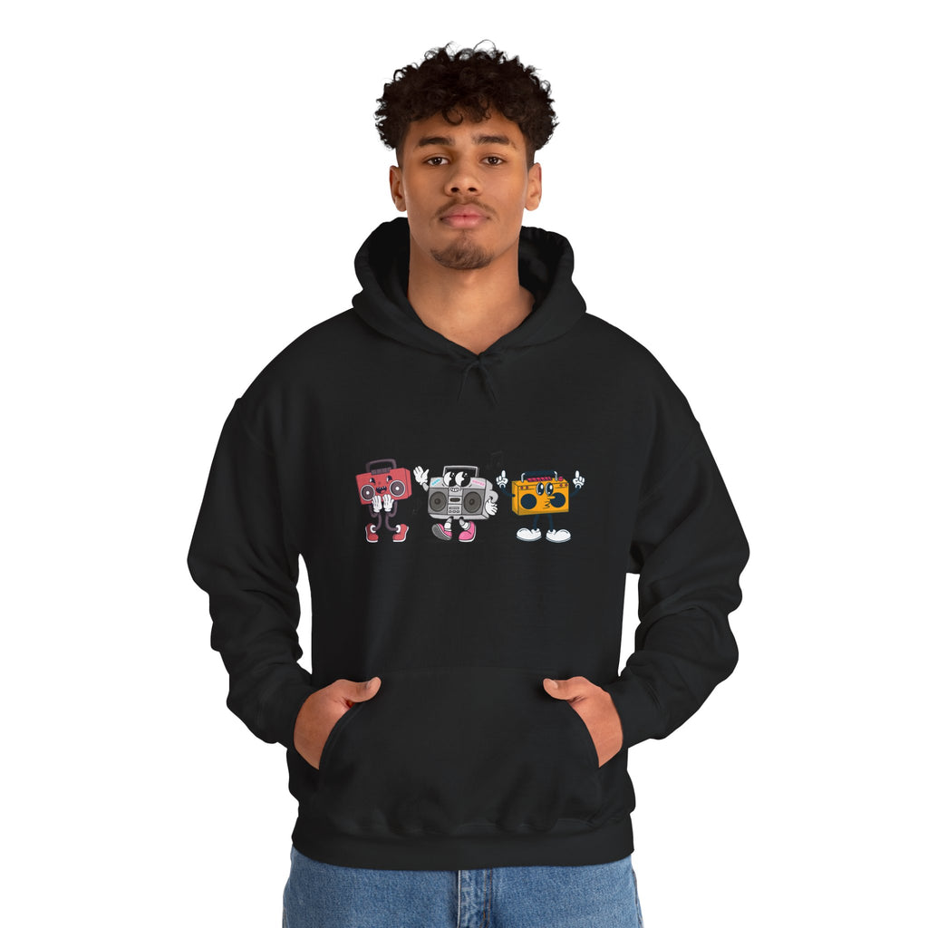 Person wearing a black hoodie with colorful graphic design on a white background
