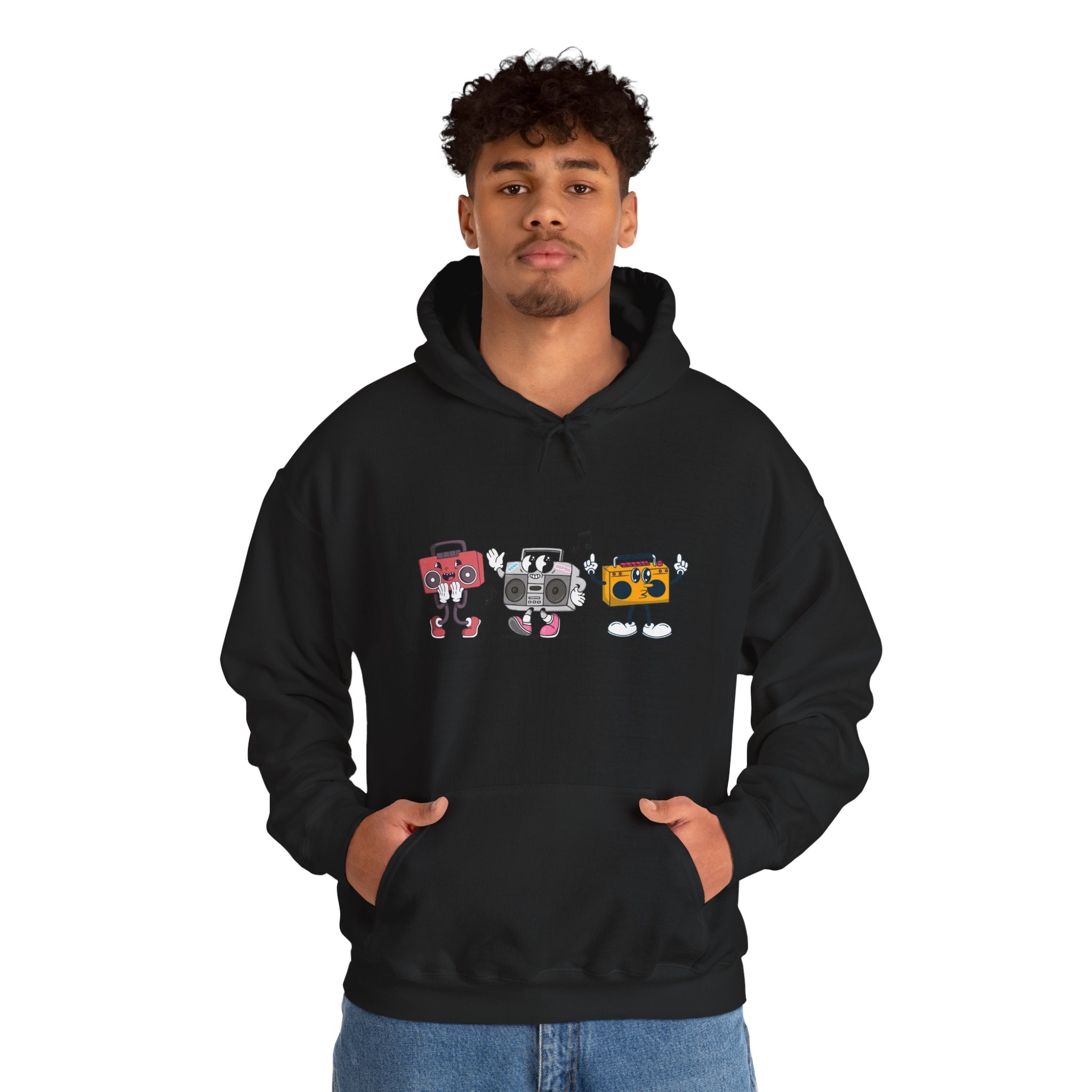 Person wearing a black hoodie with colorful graphic design on a white background