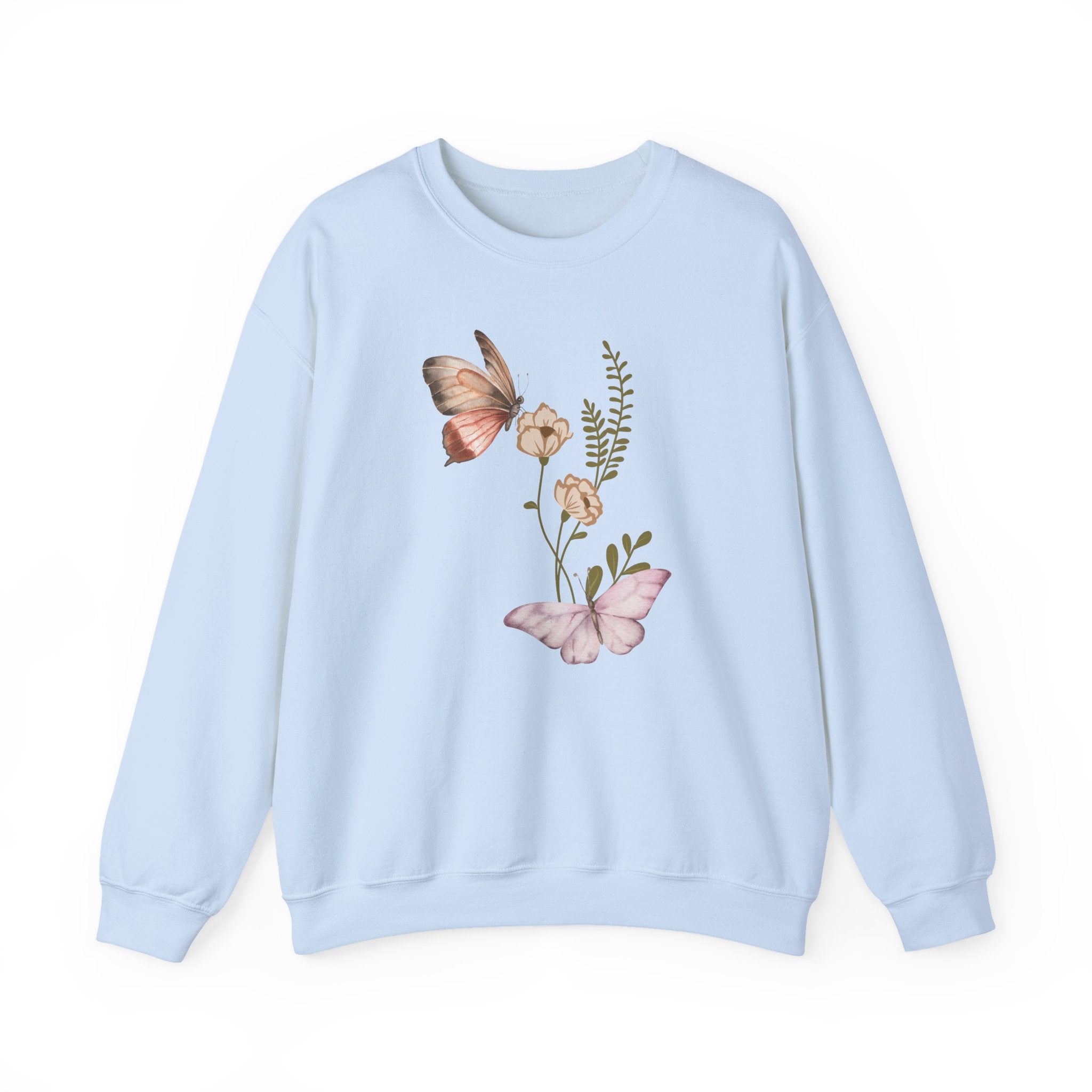 Light blue sweatshirt with butterfly and floral design on a white background