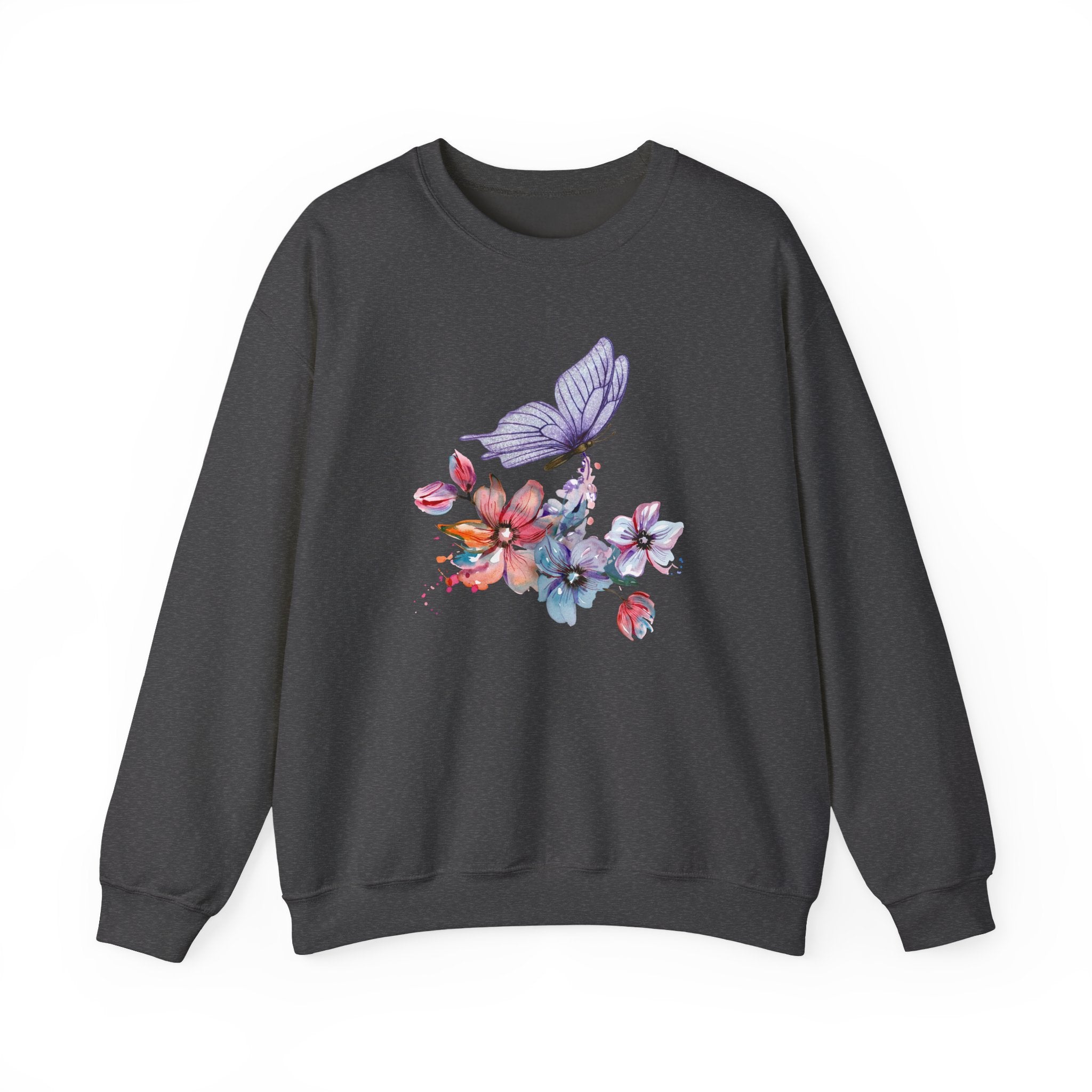 Dark gray sweatshirt with a colorful butterfly and floral design on a white background