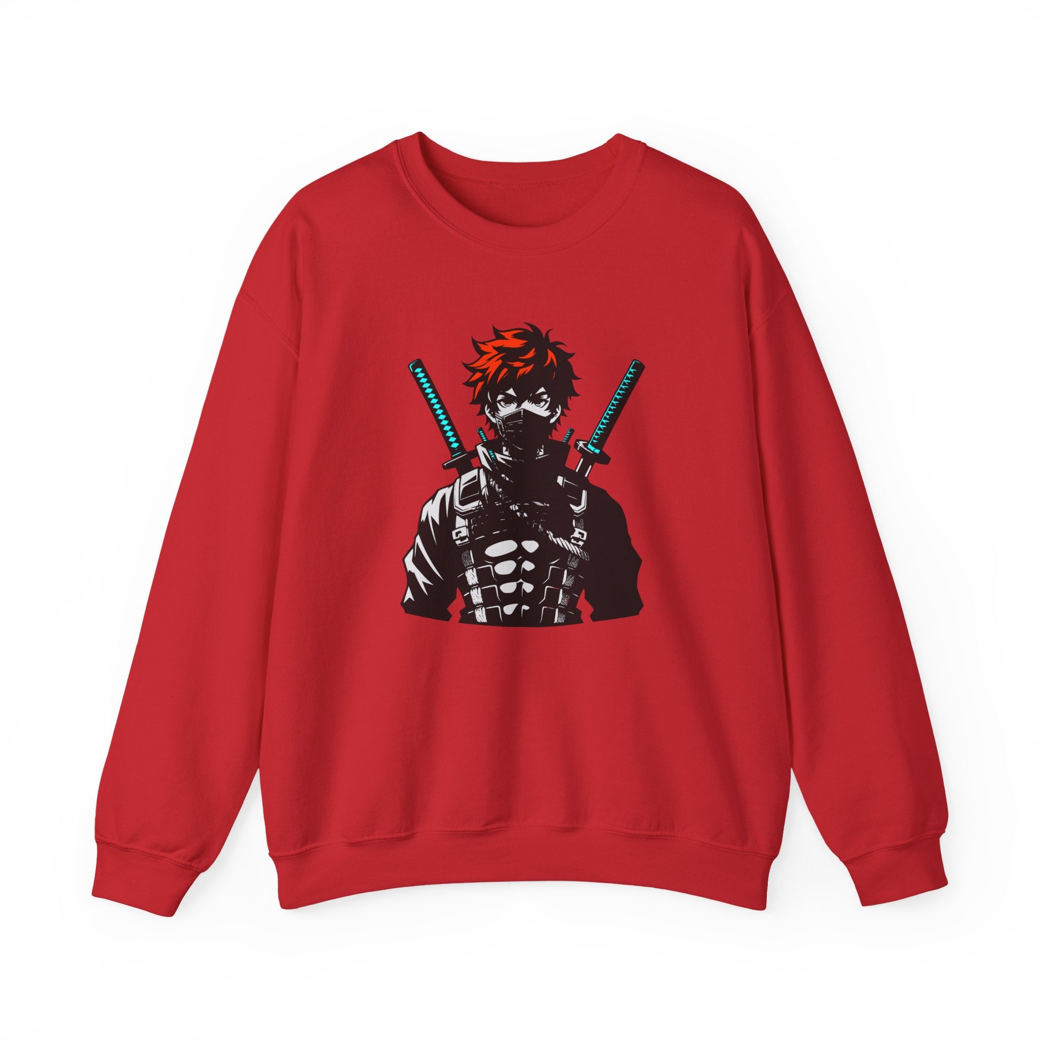 Red sweatshirt with a graphic of a character holding swords on a white background