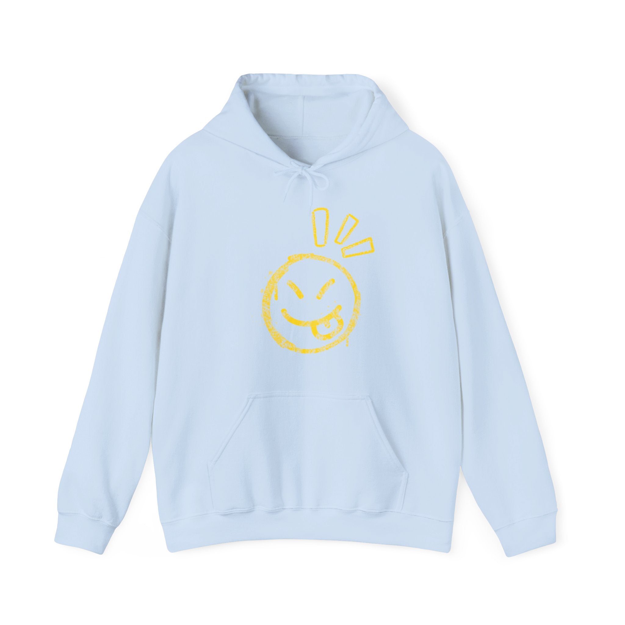 Light blue hoodie with a graphic of a wacky emoticon on a white background