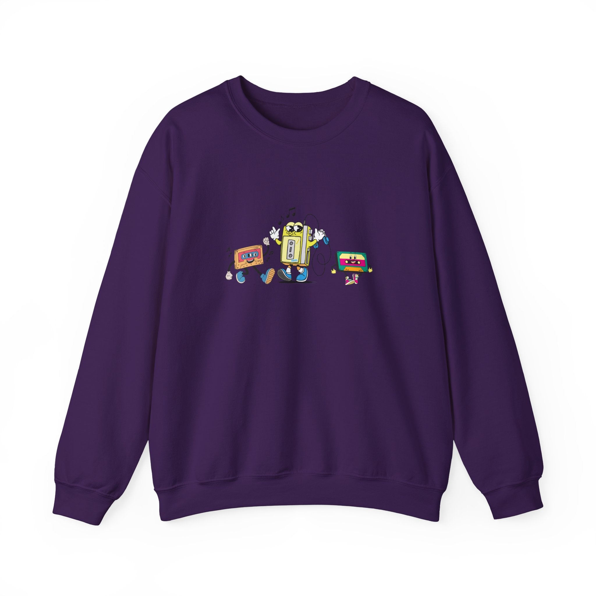 Purple sweatshirt with a colorful graphic on a white background