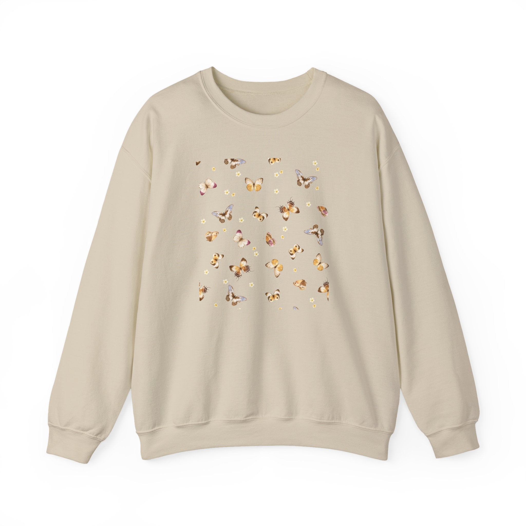 Beige sweatshirt with a butterfly and flower design on a white background