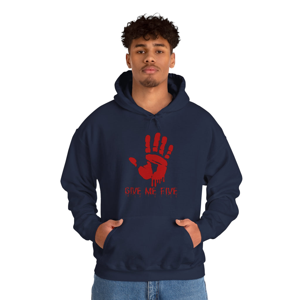 Person wearing a navy hoodie with a red handprint design and text on a white background