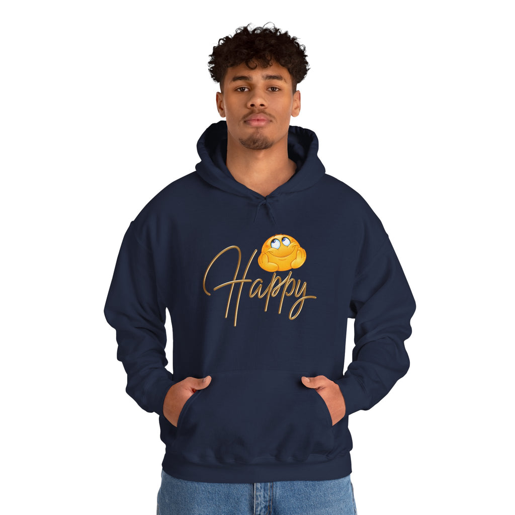 Person wearing a navy hoodie with a yellow character and 'Happy' text on a white background