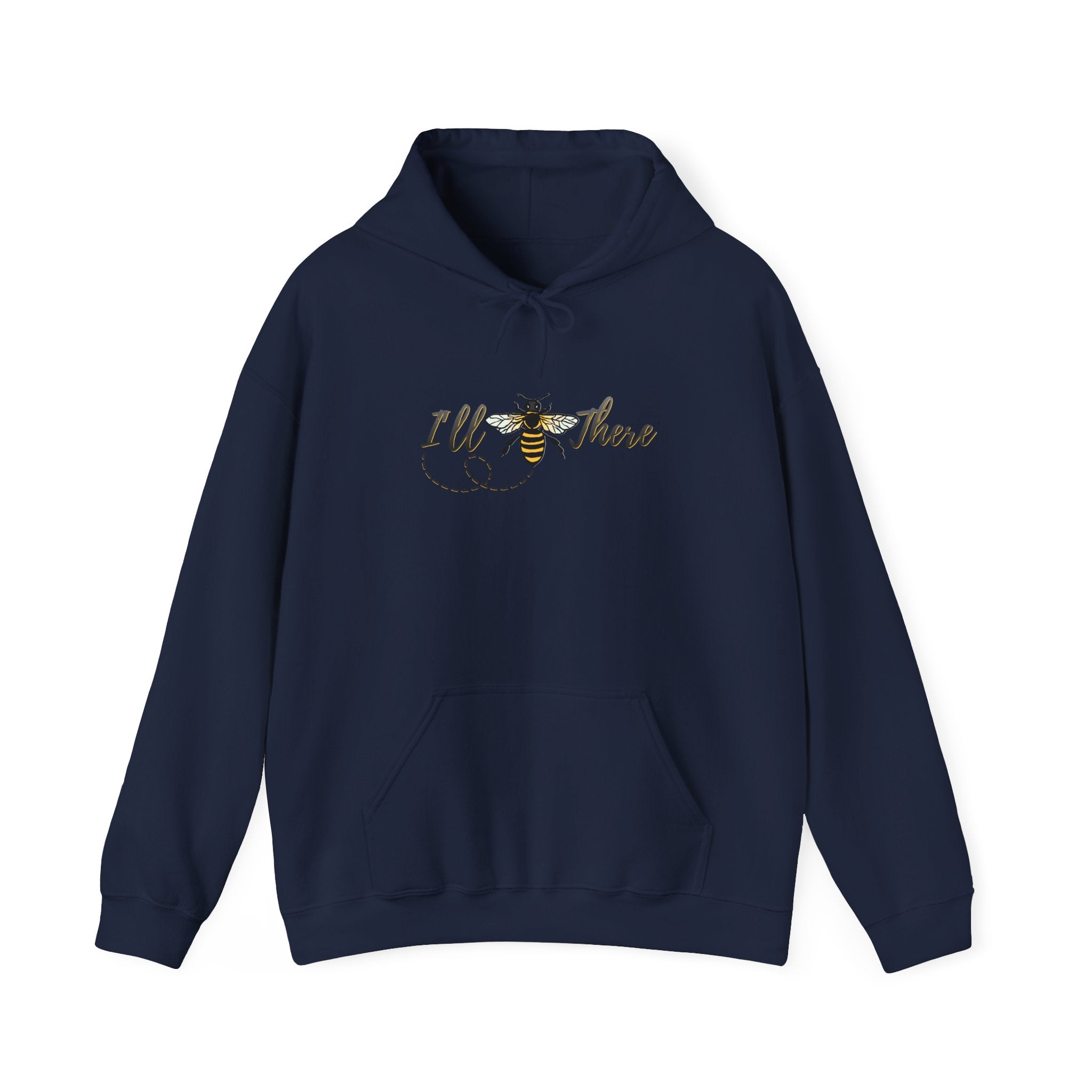 Navy blue hoodie with a bee and text  design on a white background