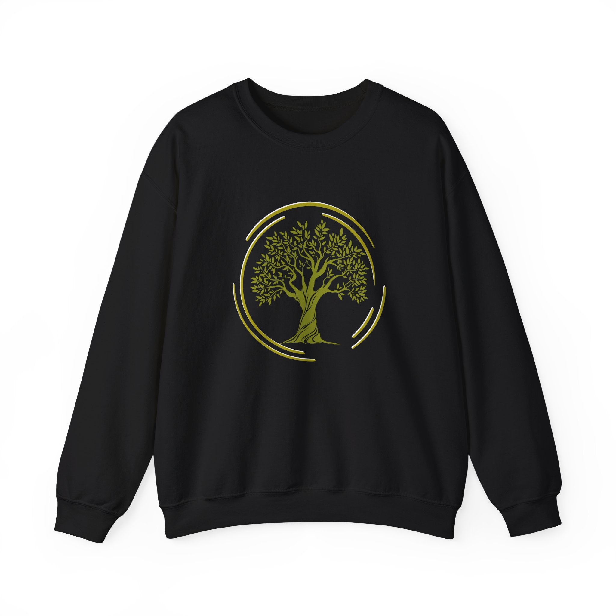 Black sweatshirt with a gold tree design on a white background