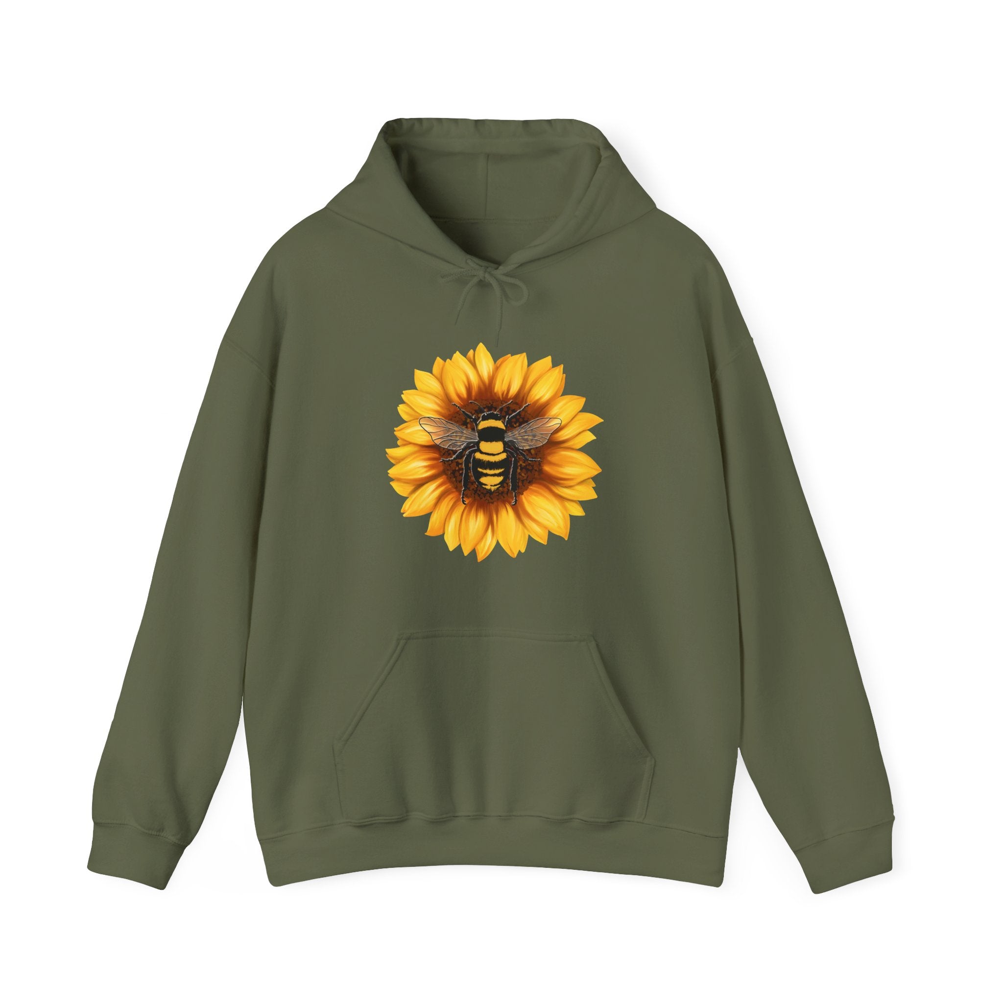 Military green hoodie with a sunflower and bee design on a white background