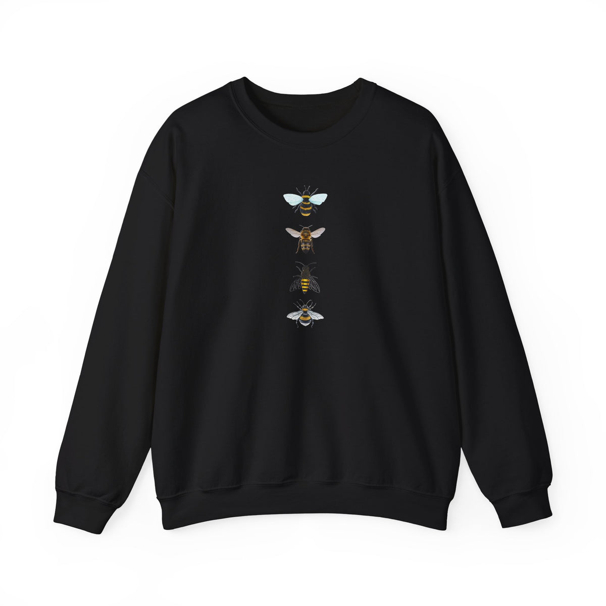 Black sweatshirt with bee illustrations on a white background
