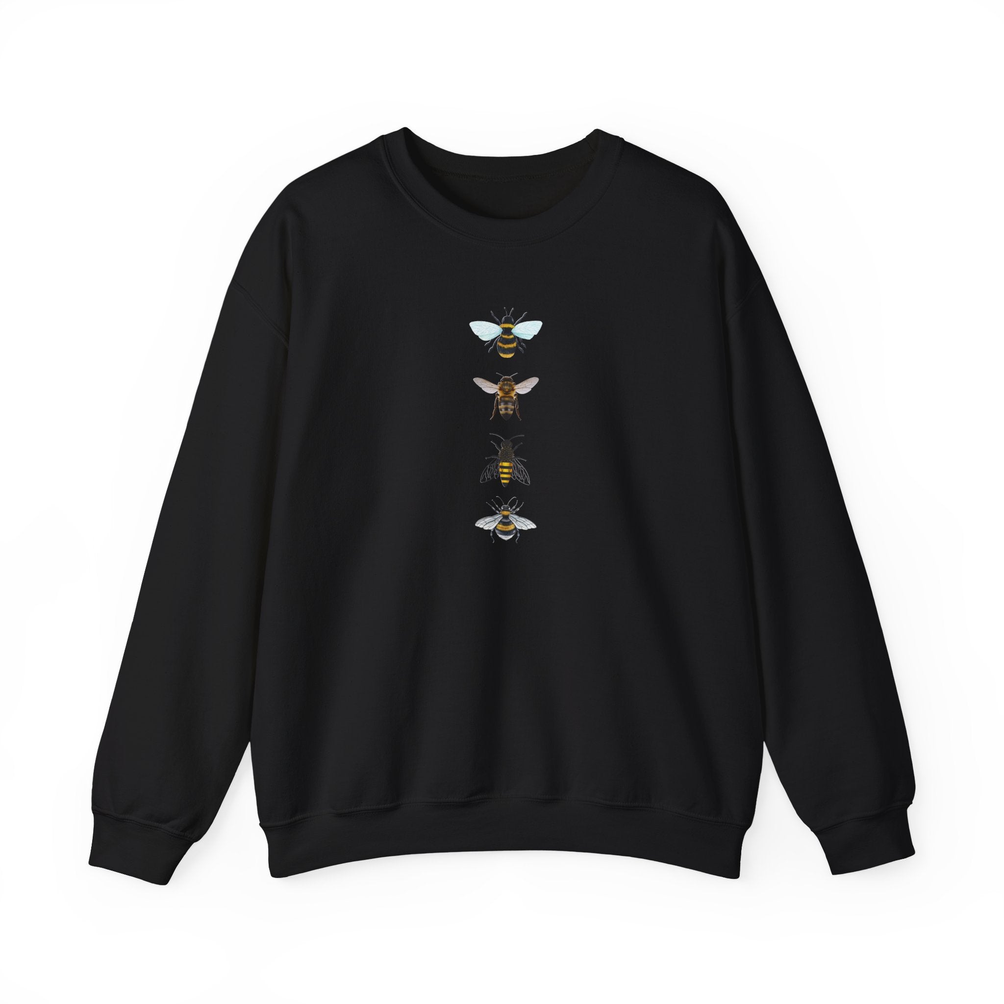 Black sweatshirt with bee illustrations on a white background