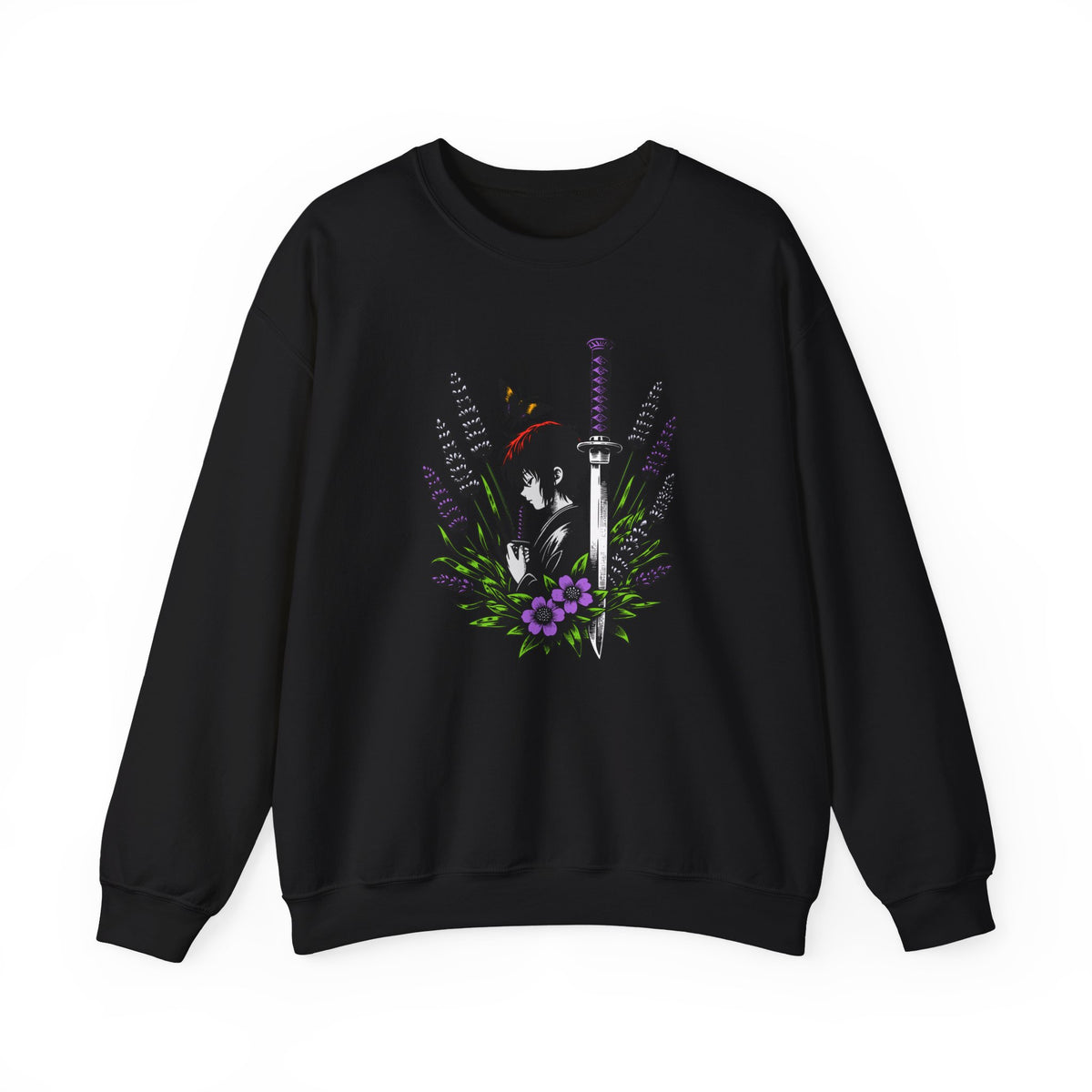Black sweatshirt with a manga, butterfly, and sword design on a white background