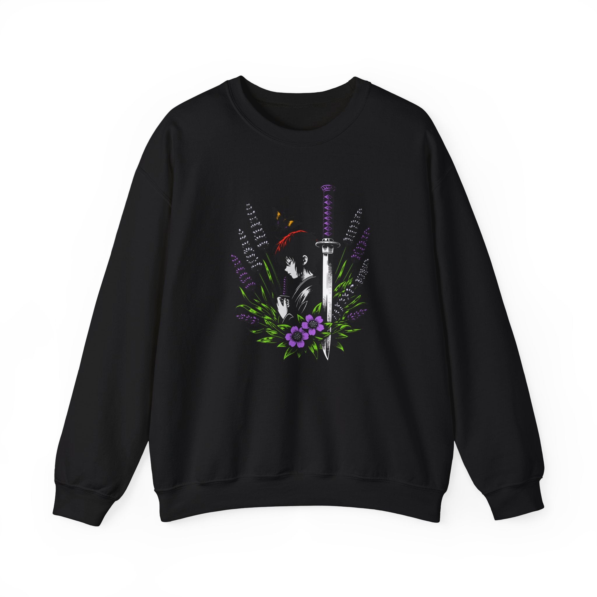 Black sweatshirt with a manga, butterfly, and sword design on a white background