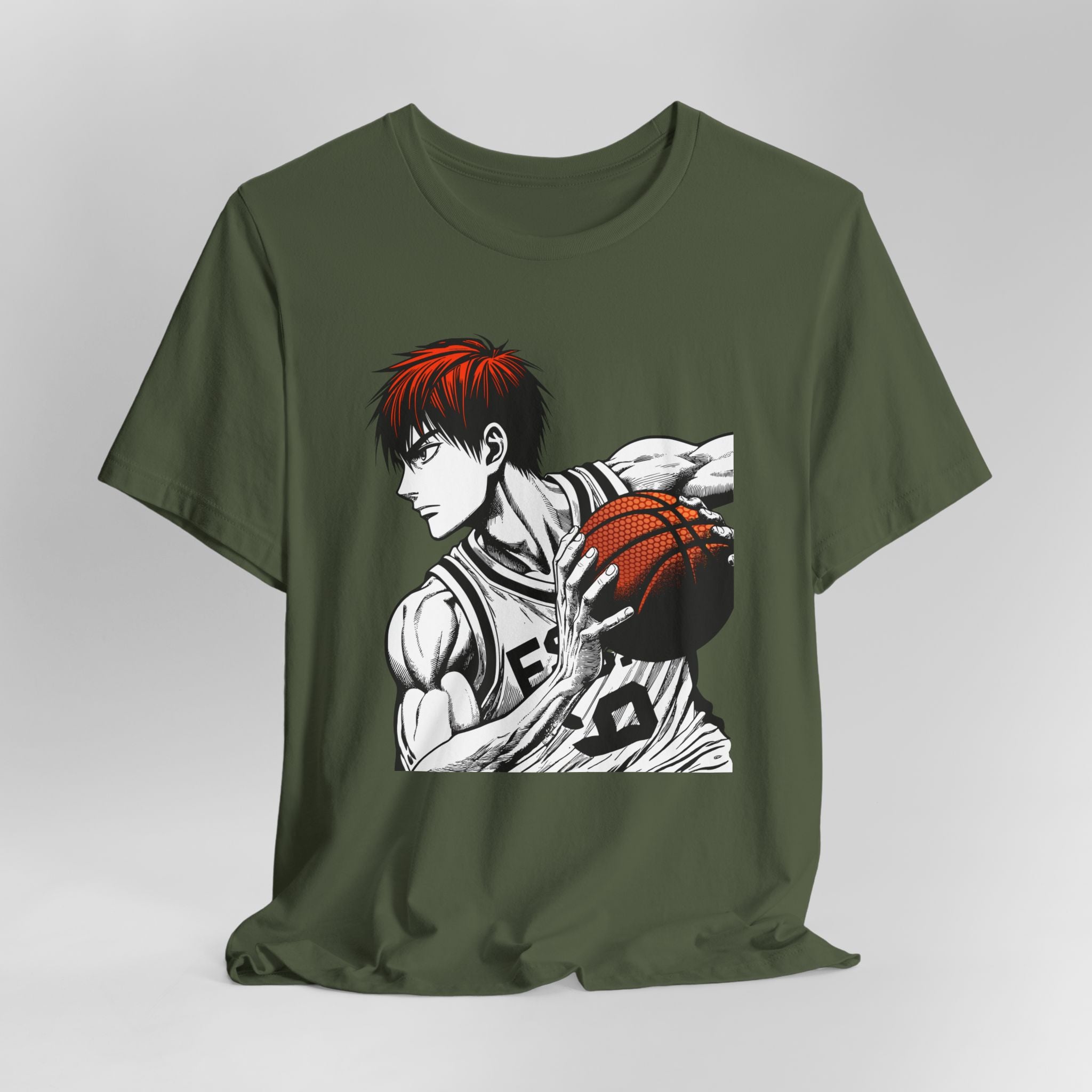 Green t-shirt with a graphic of a basketball player on a gray background