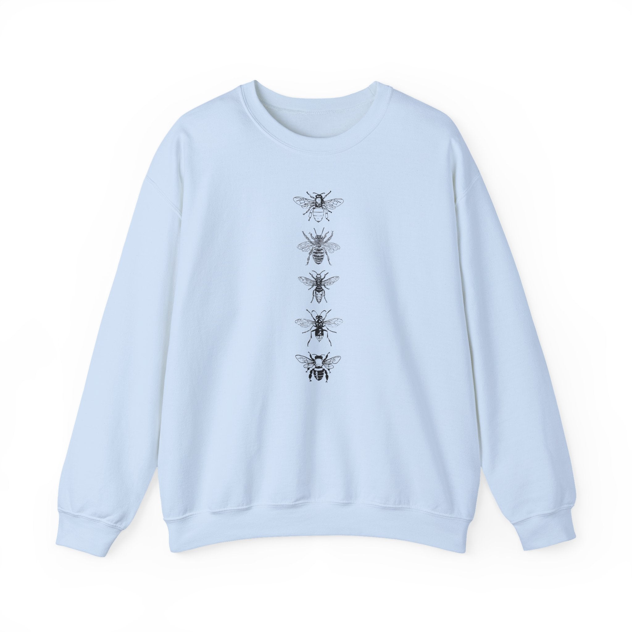 Light blue sweatshirt with black bee illustrations on a white background