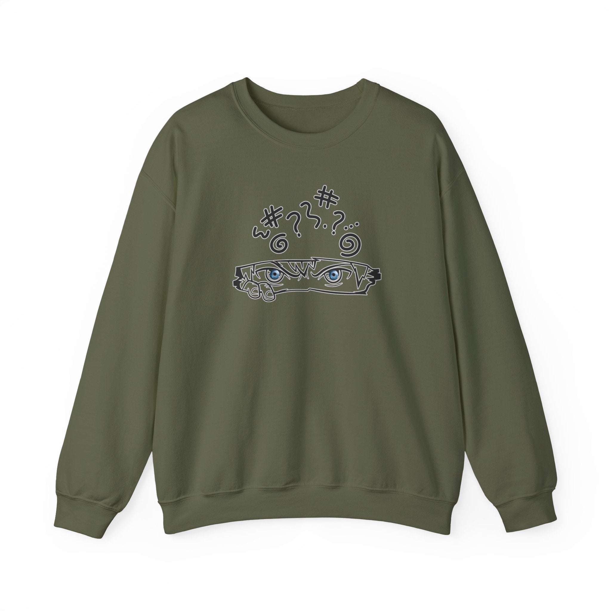 Green sweatshirt with black anime graphic design on a white background