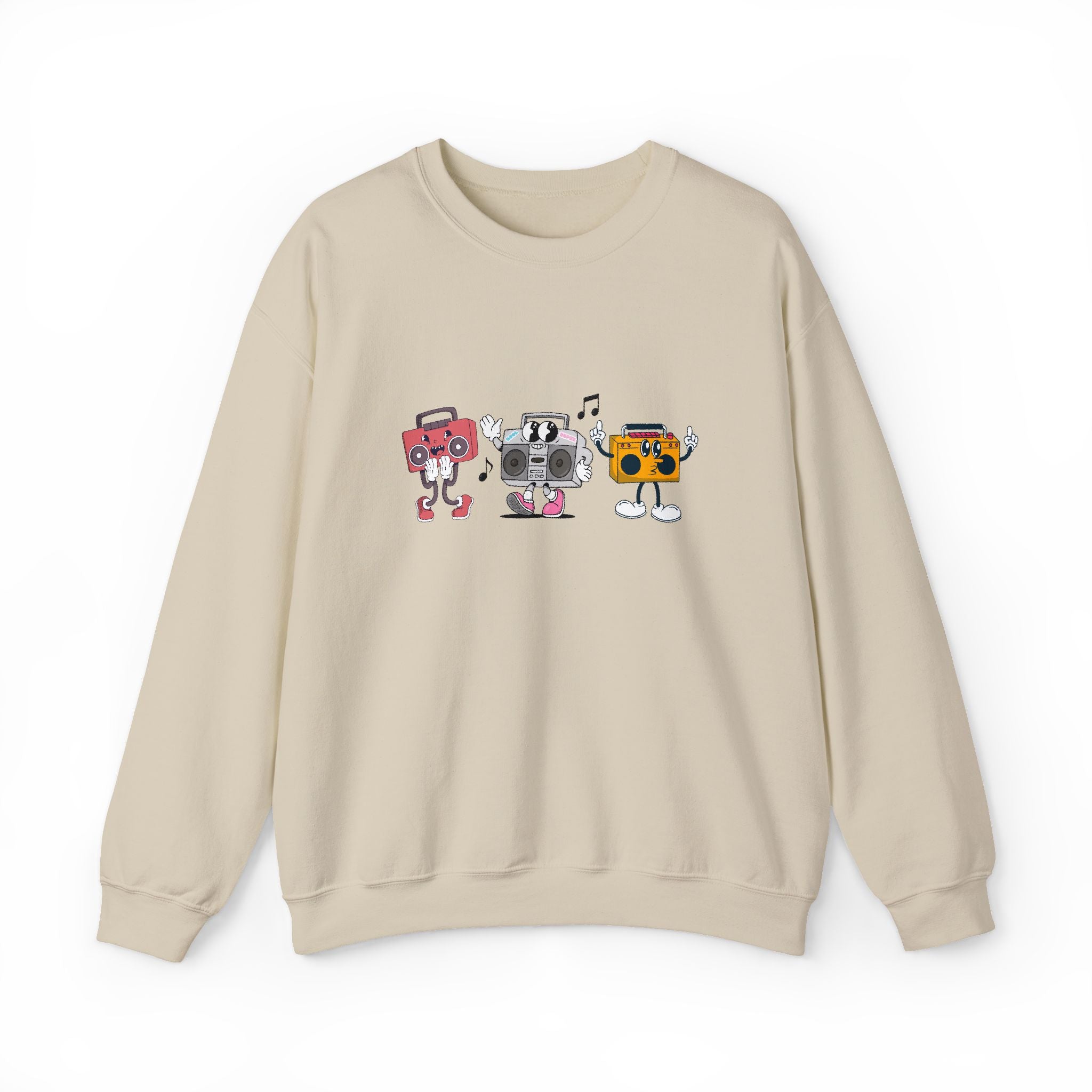 Beige sweatshirt with cartoon graphic of four robots on a white background