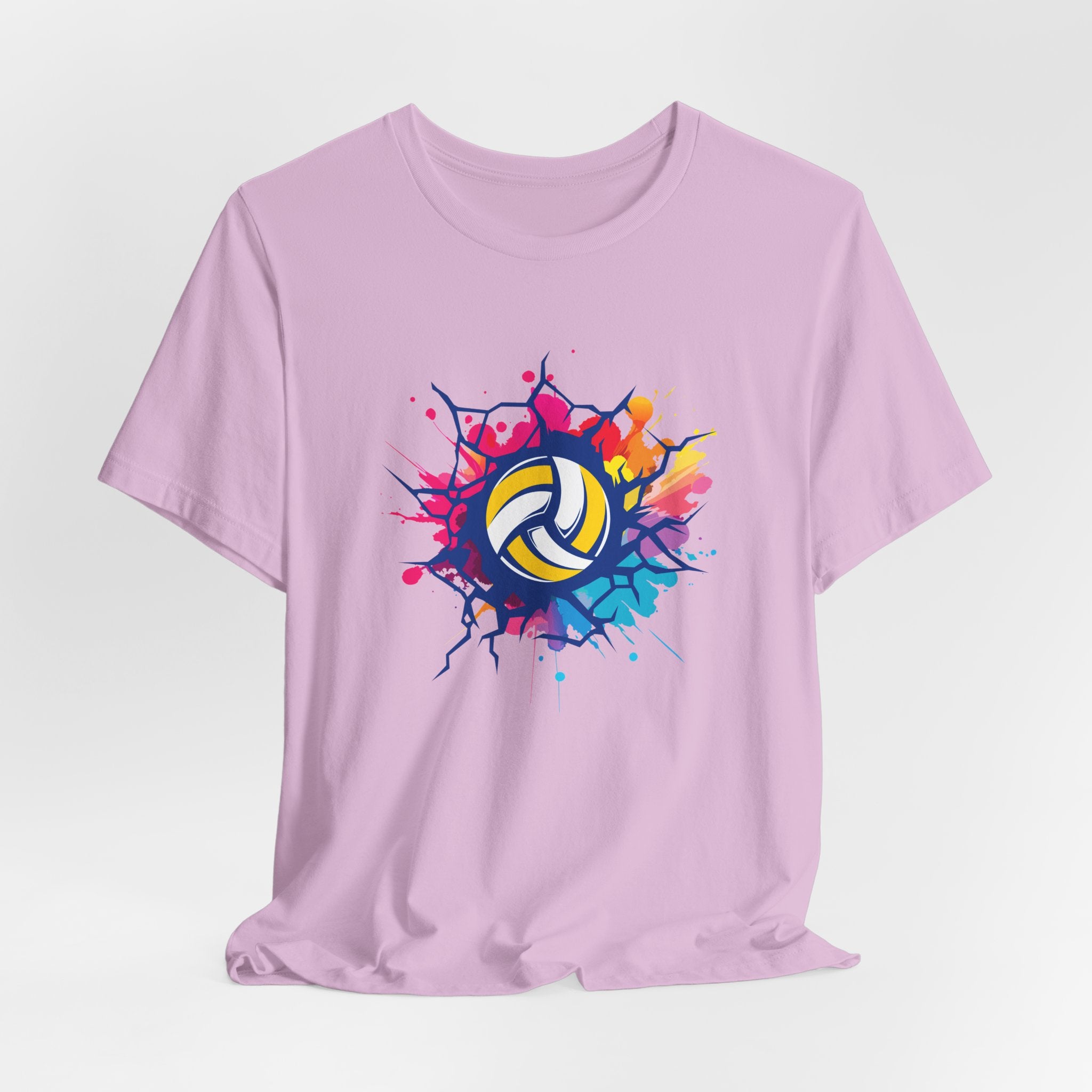 Pink t-shirt with a colorful volleyball graphic on a light gray background