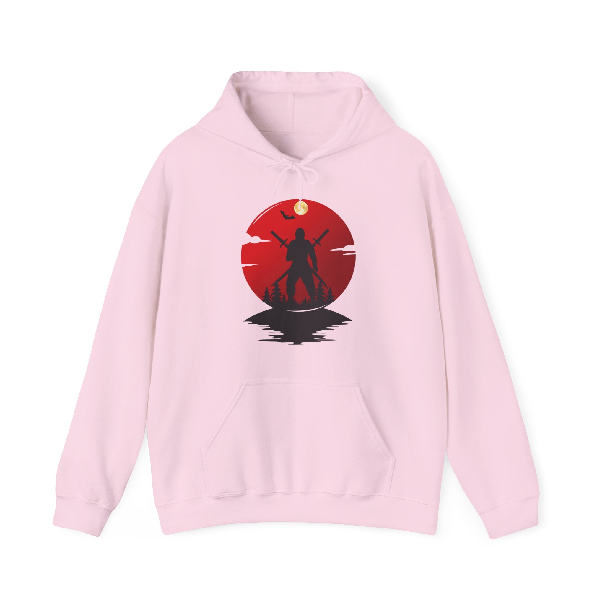 Pink hoodie with a graphic design on a white background