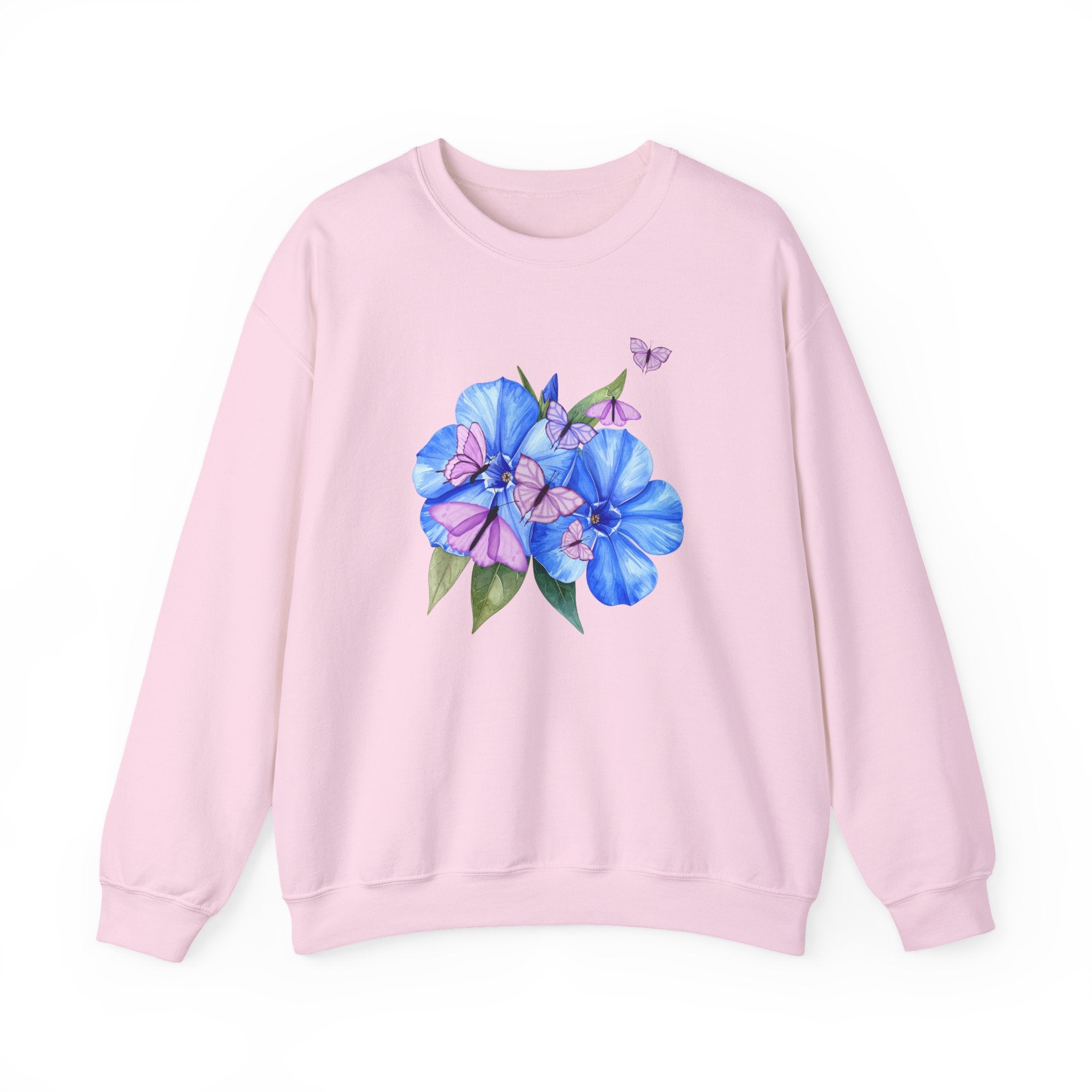 Pink sweatshirt with blue floral design on a white background