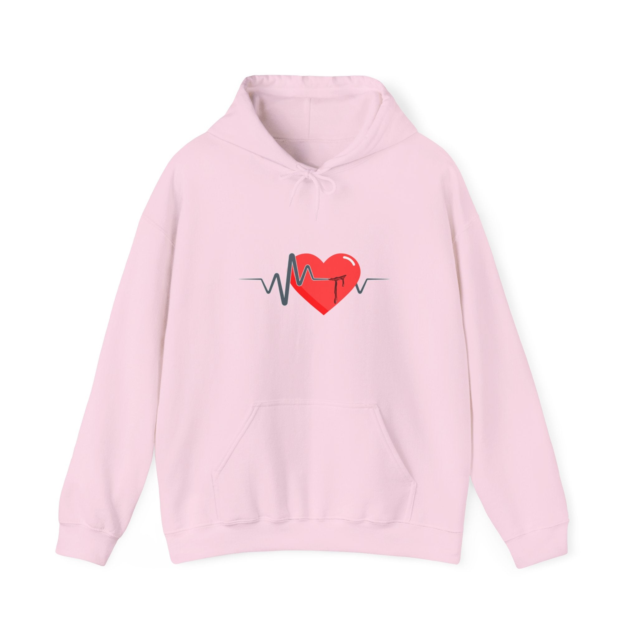 Pink hoodie with a heart and heartbeat line design on a white background
