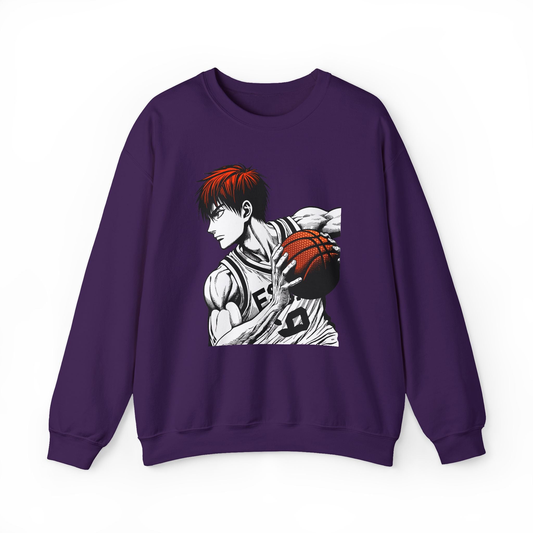 Purple sweatshirt with a graphic of a basketball player on a white background