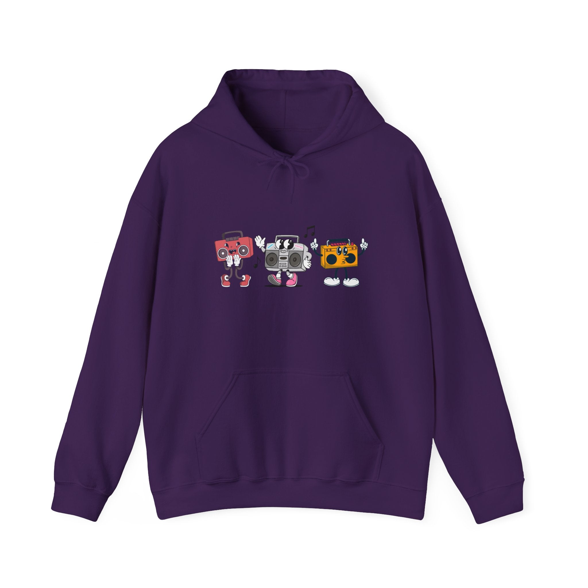 Purple hoodie with cartoon robot design on a white background