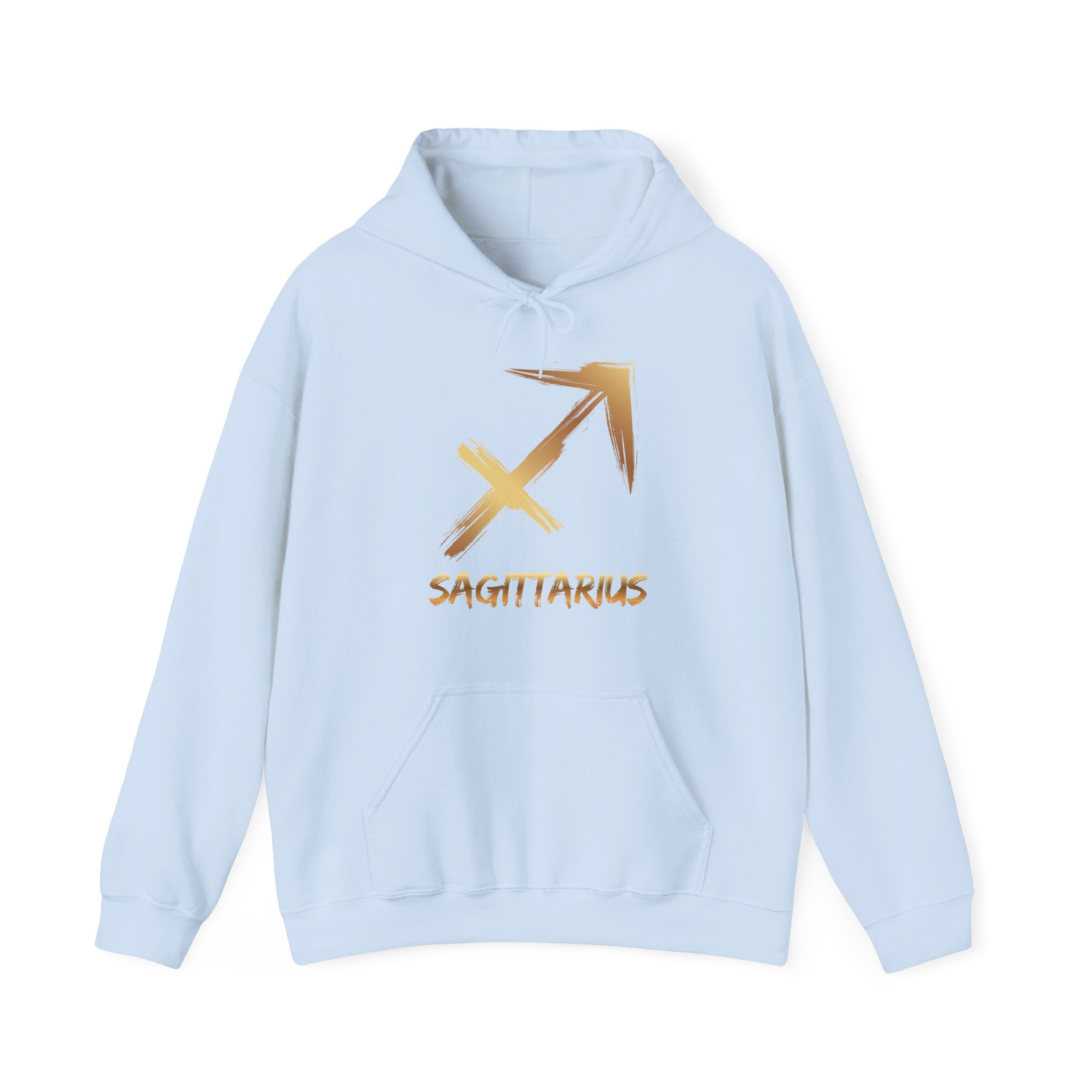Light blue hoodie with gold Sagittarius symbol on a white background