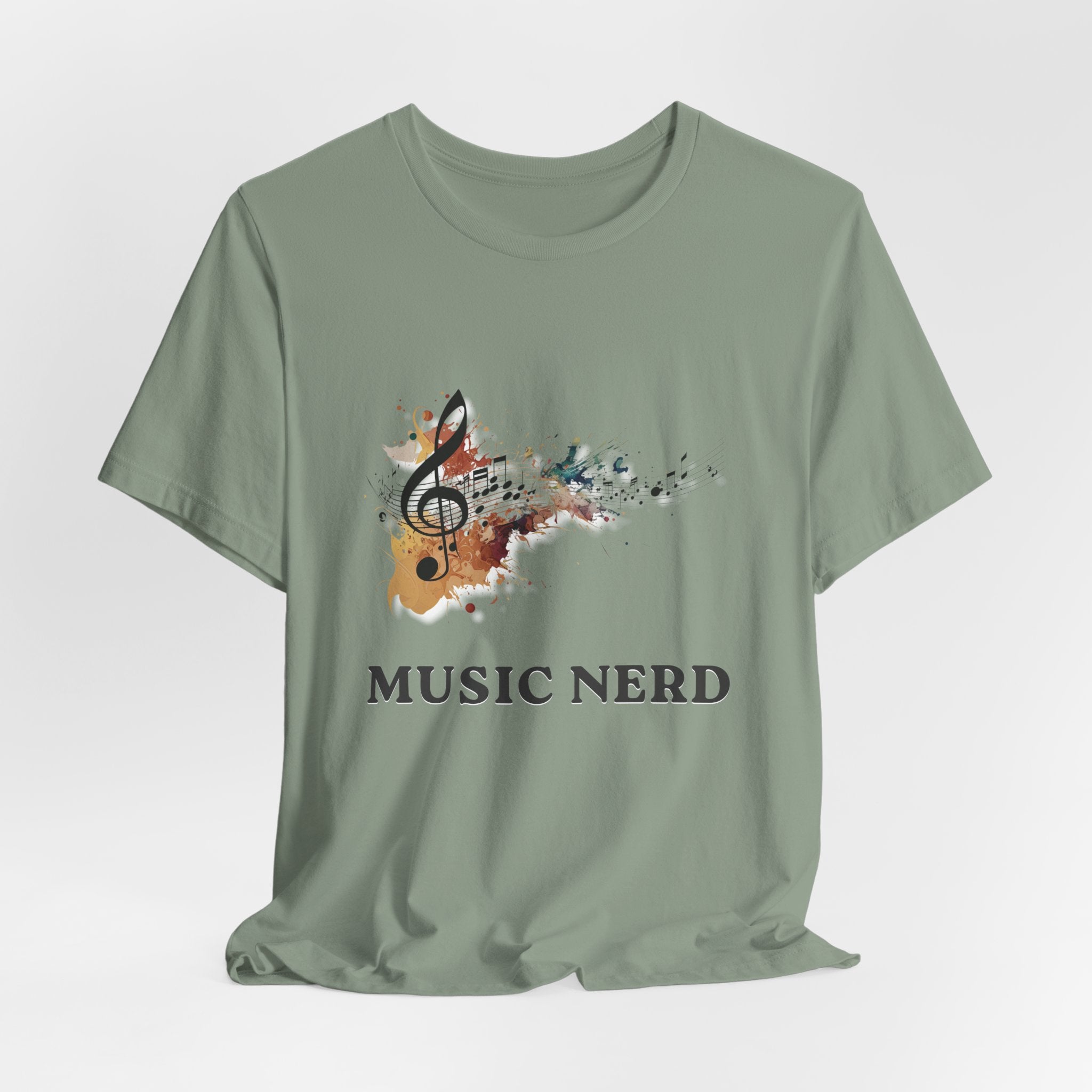 Green t-shirt with a music-themed design and 'MUSIC NERD' text on a white background