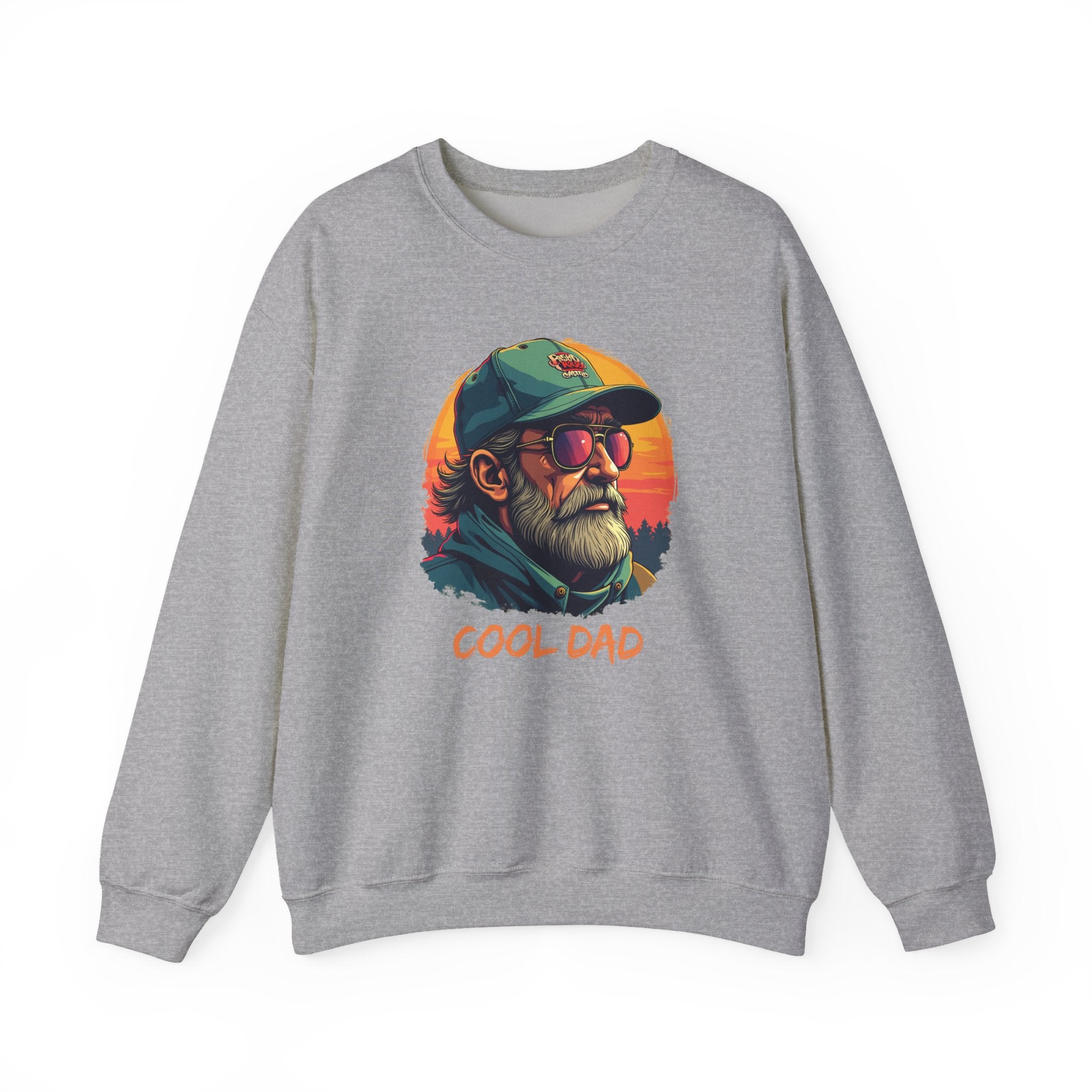 Gray sweatshirt with a colorful graphic of a man wearing sunglasses and a cap, labeled 'Cool Dad', on a white background.