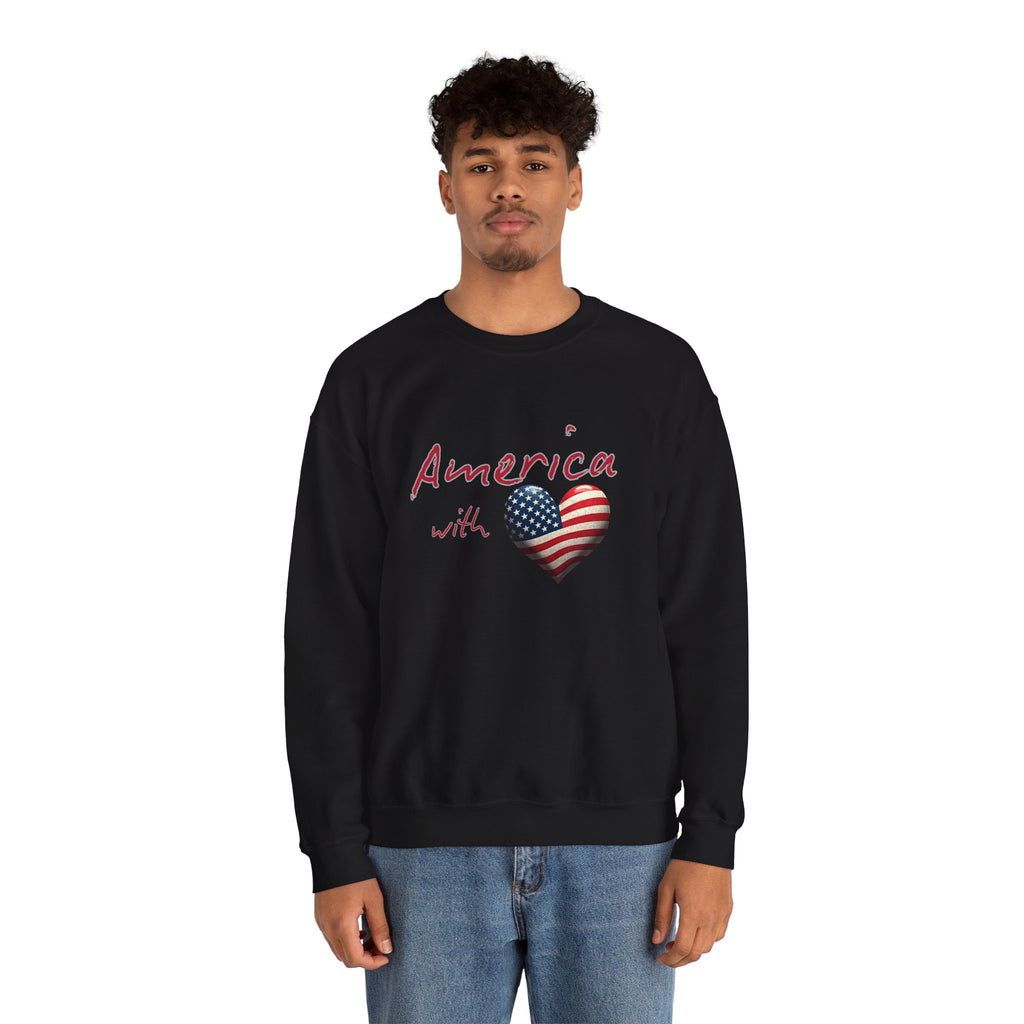 Person wearing a black sweatshirt with 'America with Heart' design on a white background