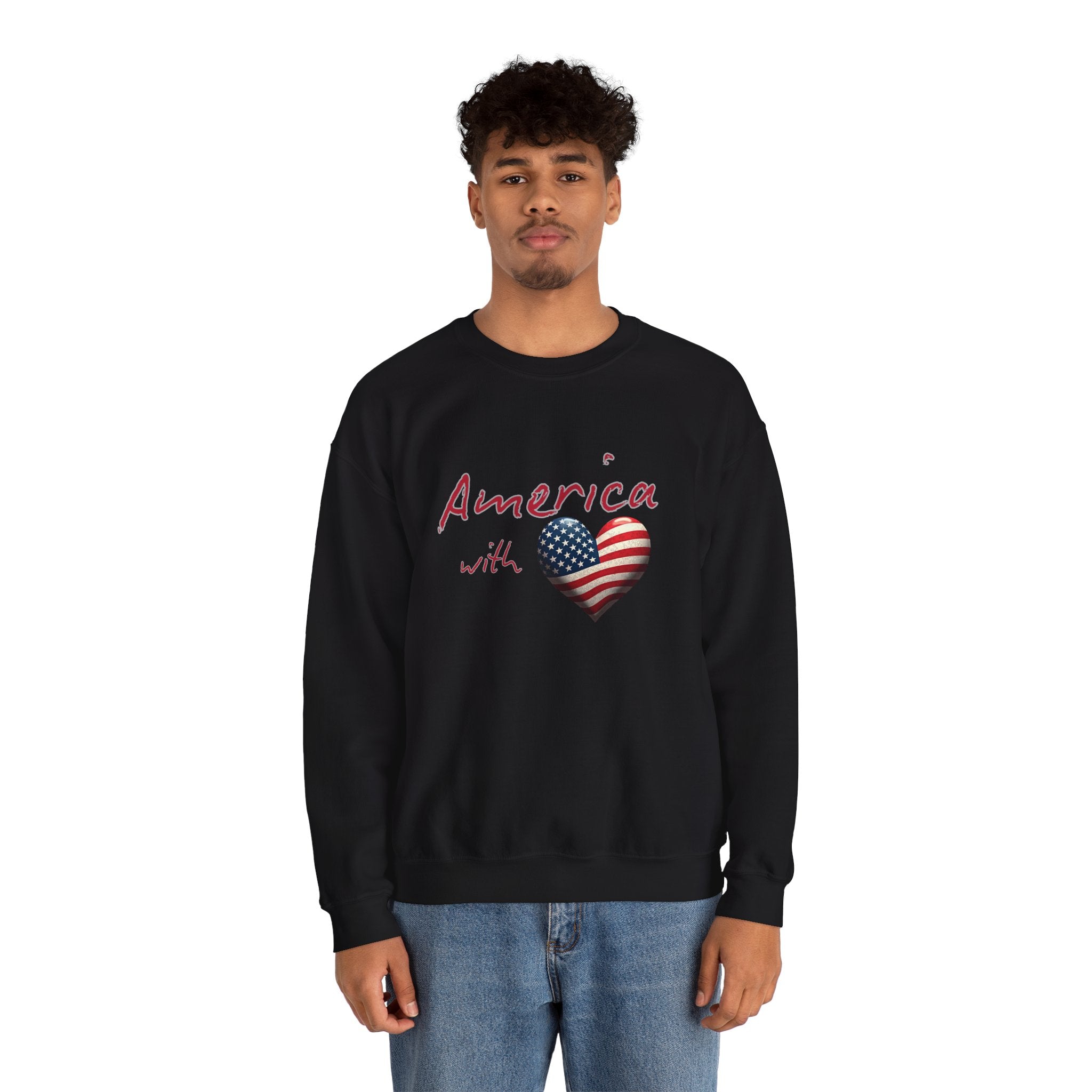 Person wearing a black sweatshirt with 'America with Heart' design on a white background