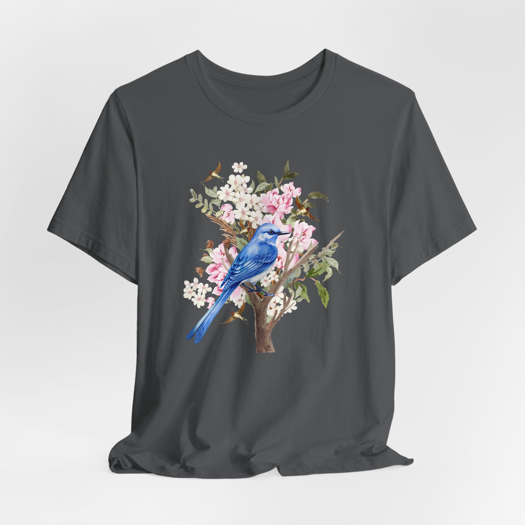 Black t-shirt with a blue bird and floral design on a white background