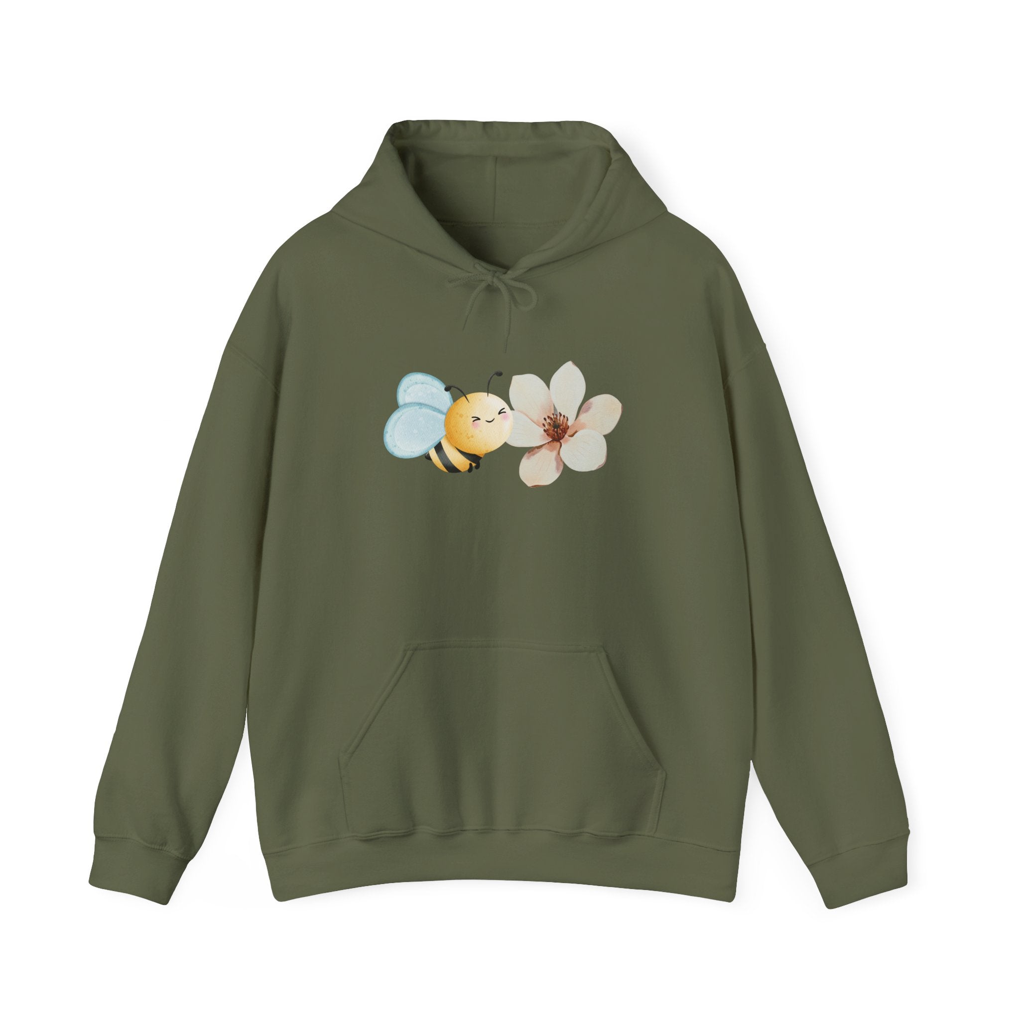 Military green hoodie with a flower and bee design on a white background