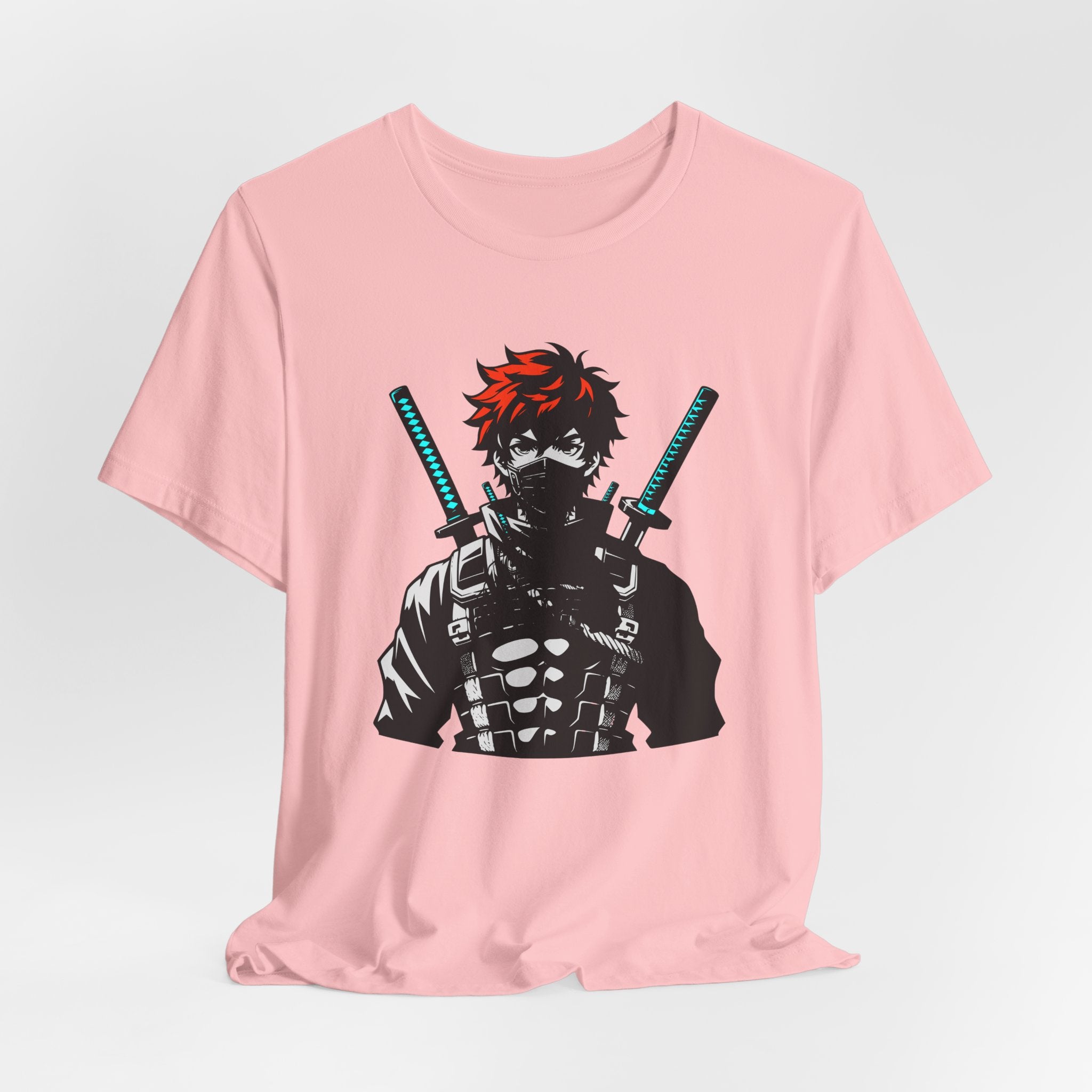 Pink t-shirt with a graphic of a character holding two swords on a light gray background