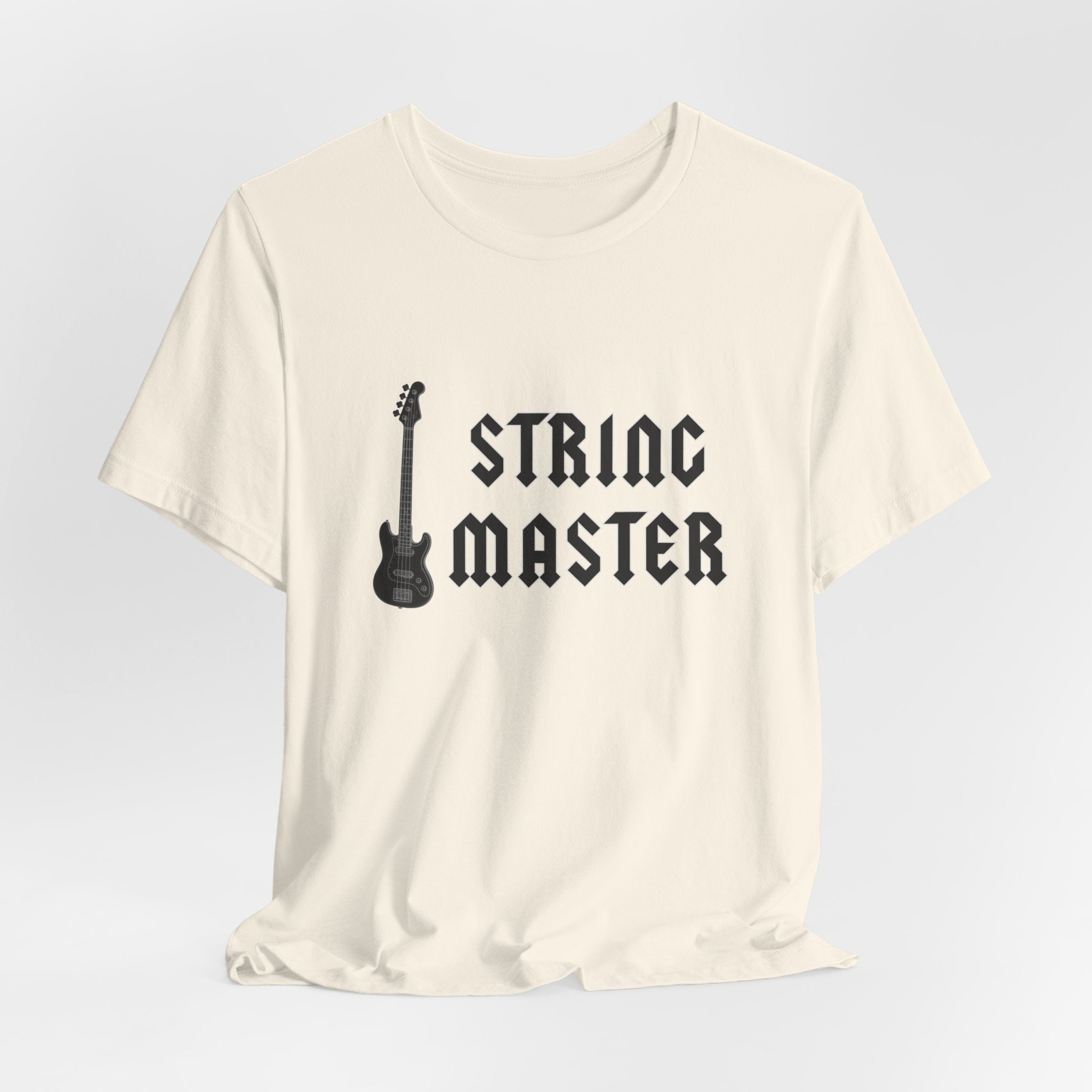 White t-shirt with 'String Master' graphic on a light gray background