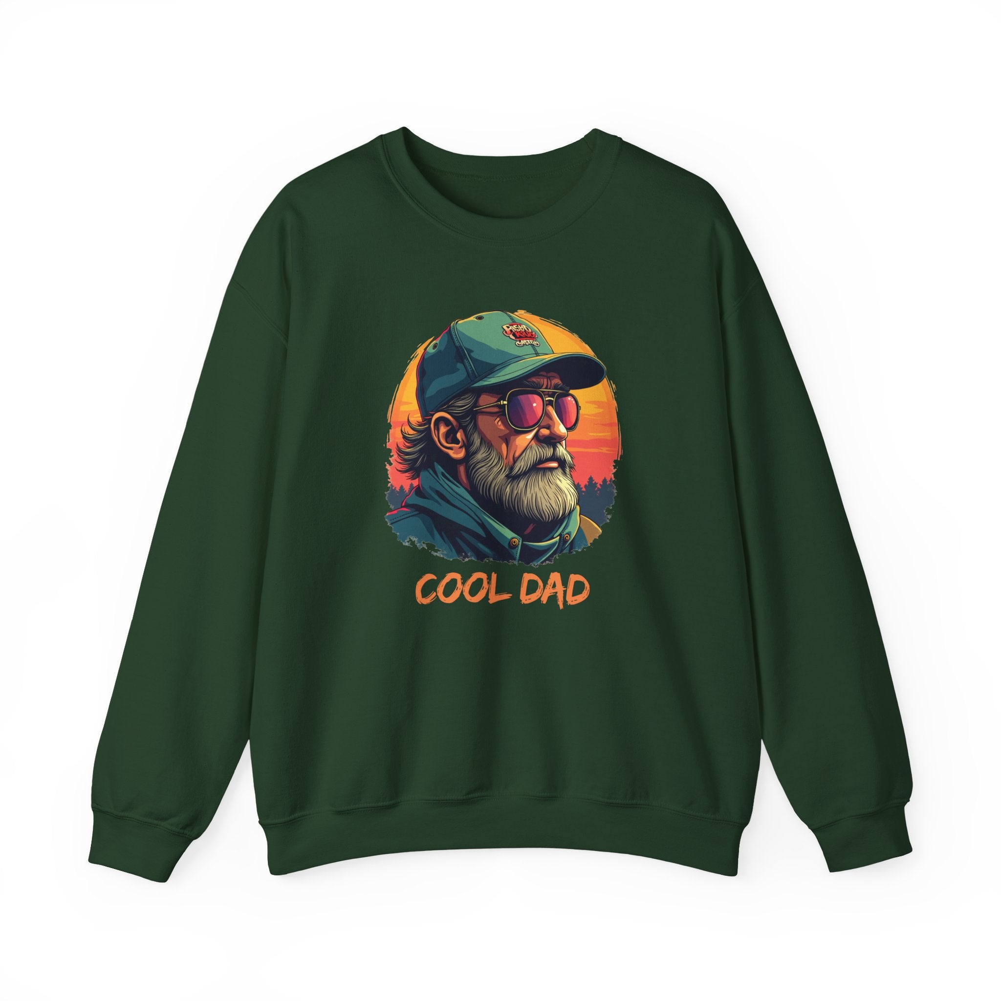 Green sweatshirt with 'Cool Dad' graphic design on a white background