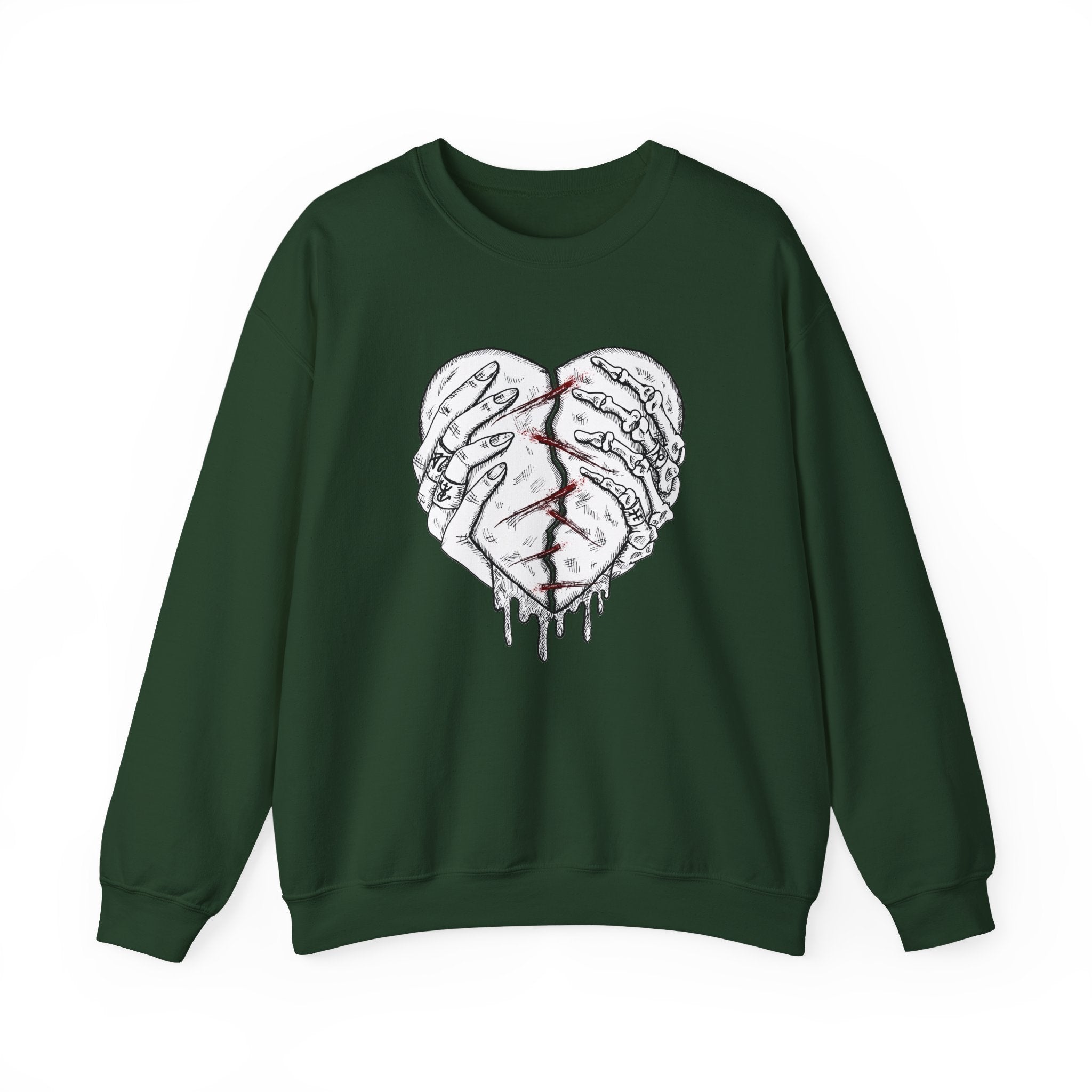 Green sweatshirt with a graphic design of a heart and hands on a white background